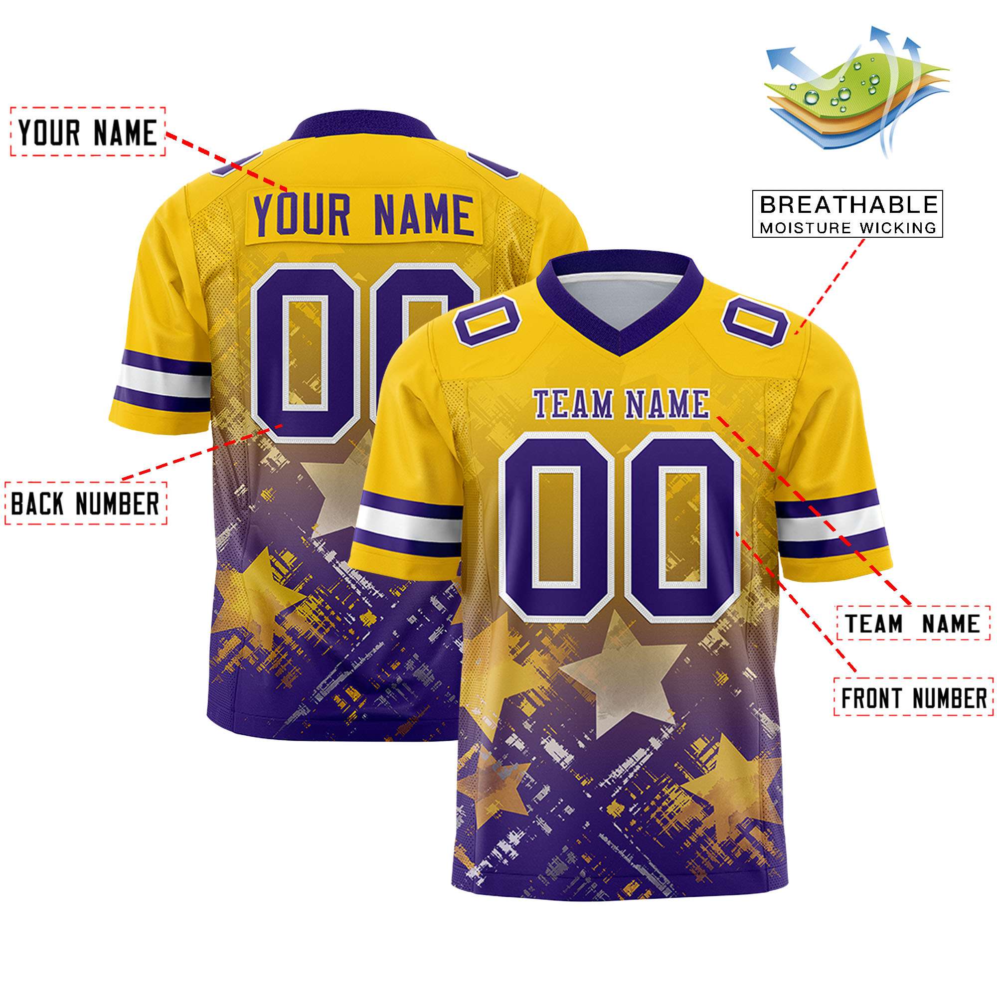 Custom Gold Purple Personalized Star Gradient Authentic American Football Jersey