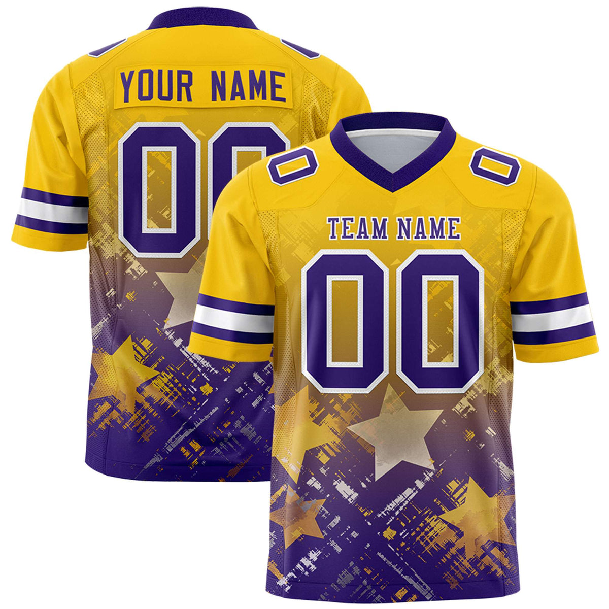 Custom Gold Purple Personalized Star Gradient Authentic American Football Jersey