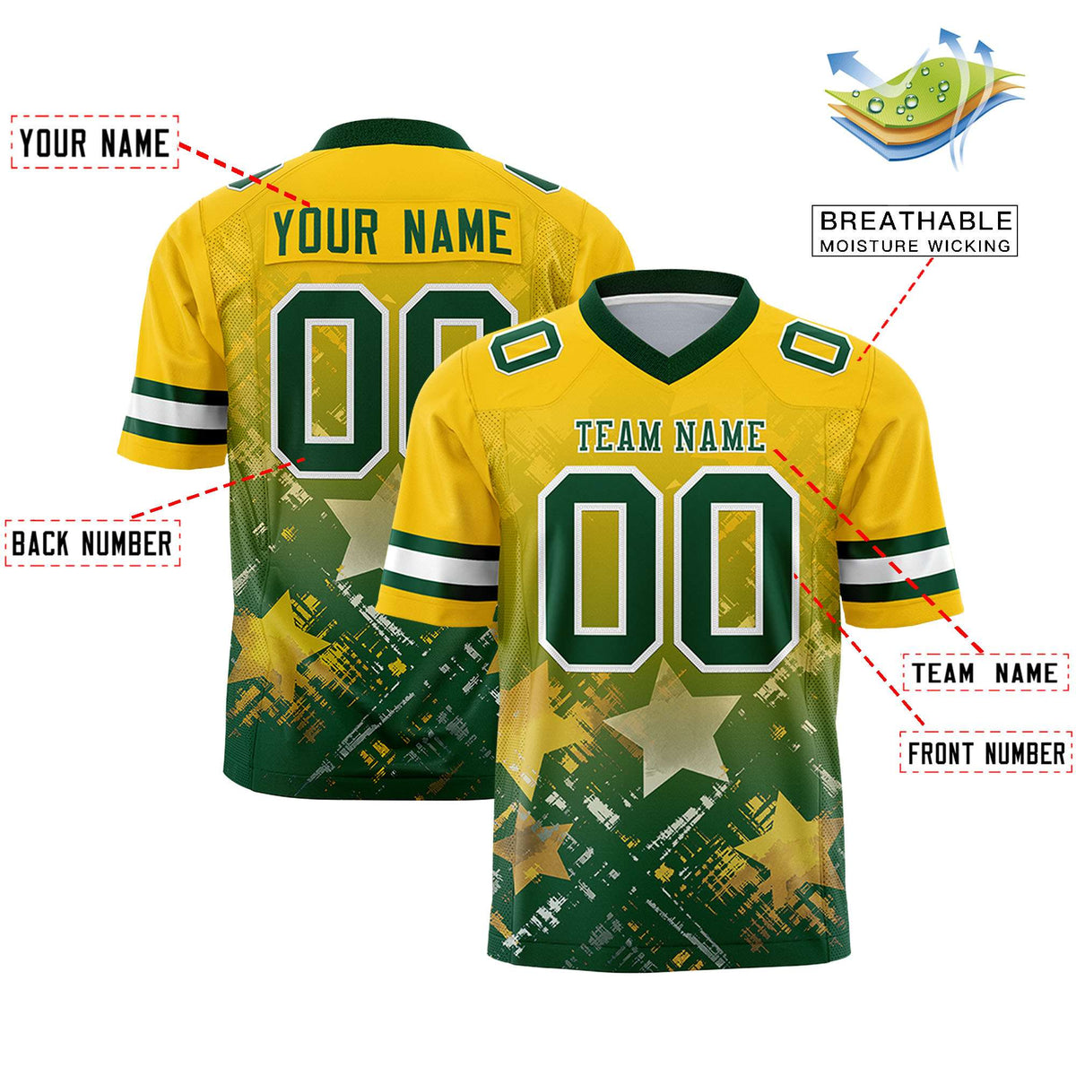 Custom Gold Green Personalized Star Gradient Authentic American Football Jersey