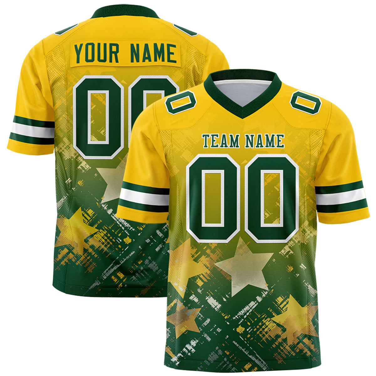 Custom Gold Green Personalized Star Gradient Authentic American Football Jersey