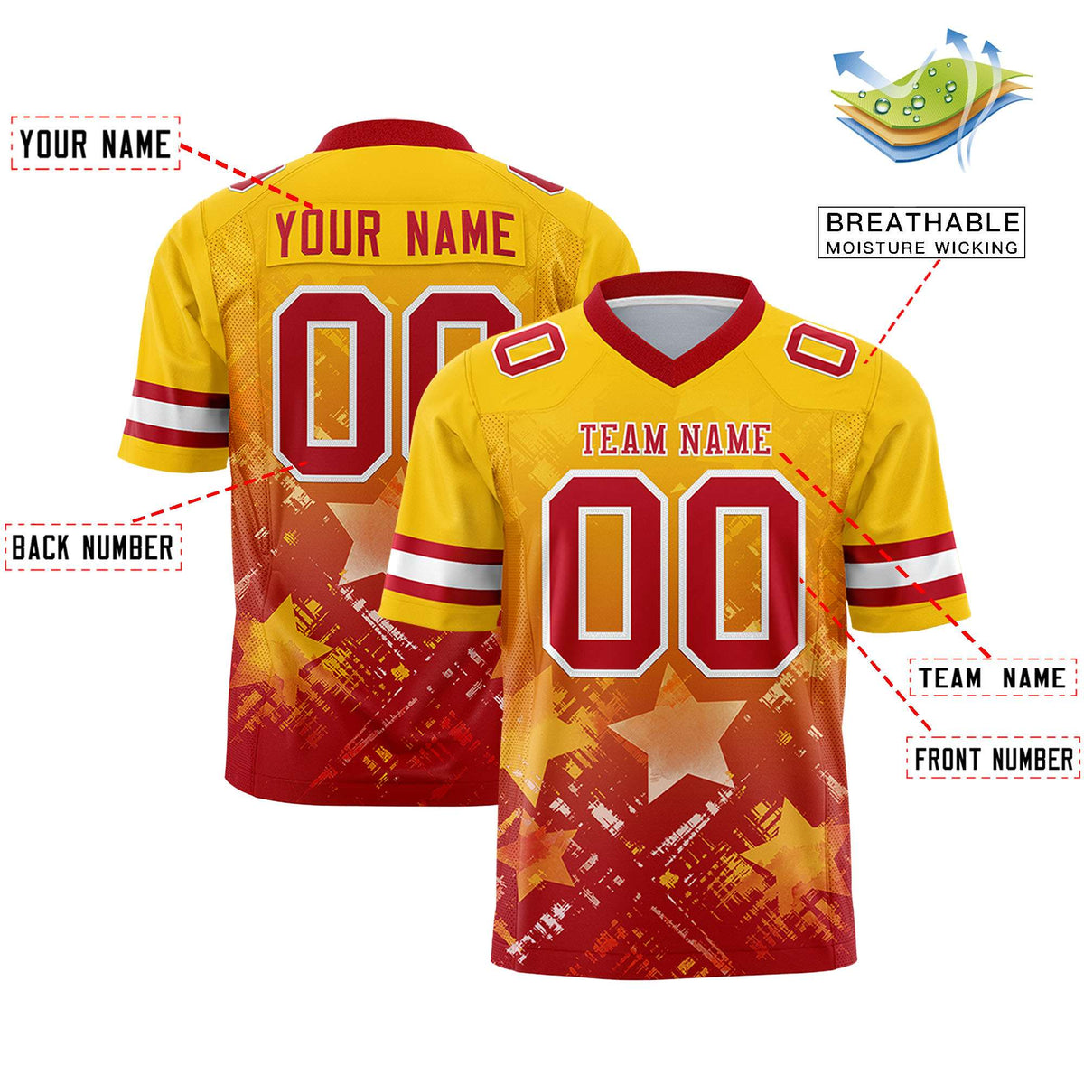 Custom Gold Red Personalized Star Gradient Authentic American Football Jersey