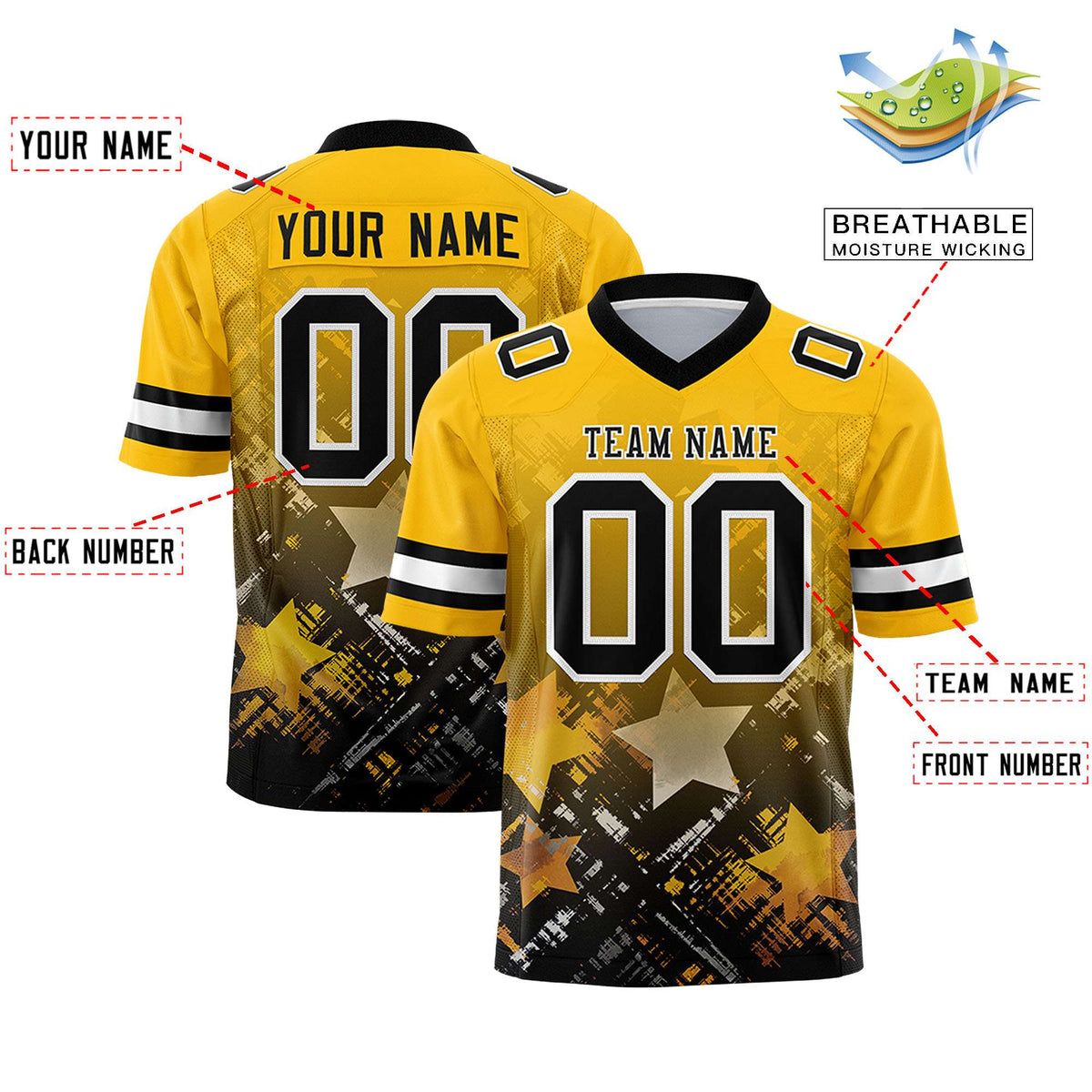 Custom Yellow Black Personalized Star Gradient Authentic American Football Jersey