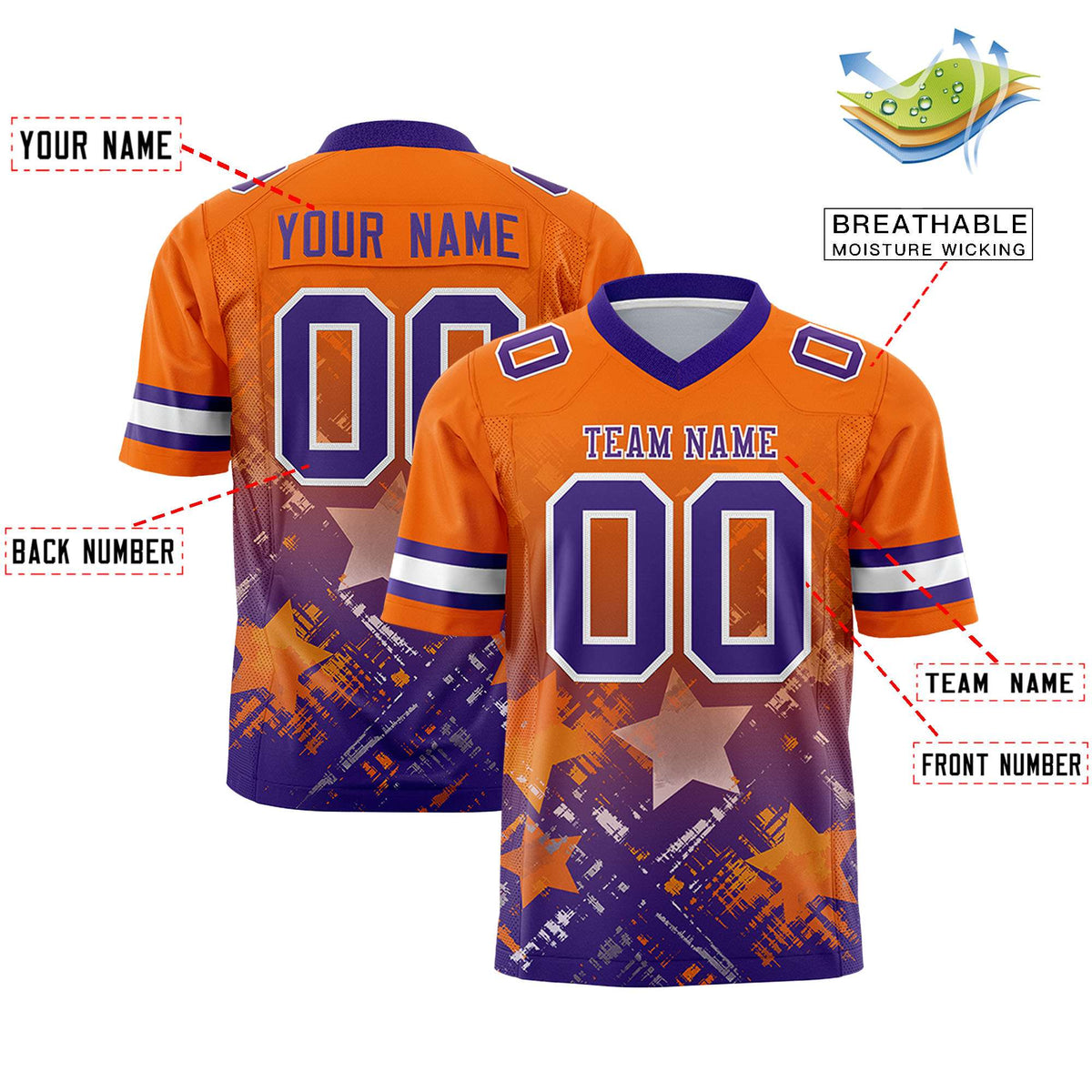 Custom Orange Purple Personalized Star Gradient Authentic American Football Jersey
