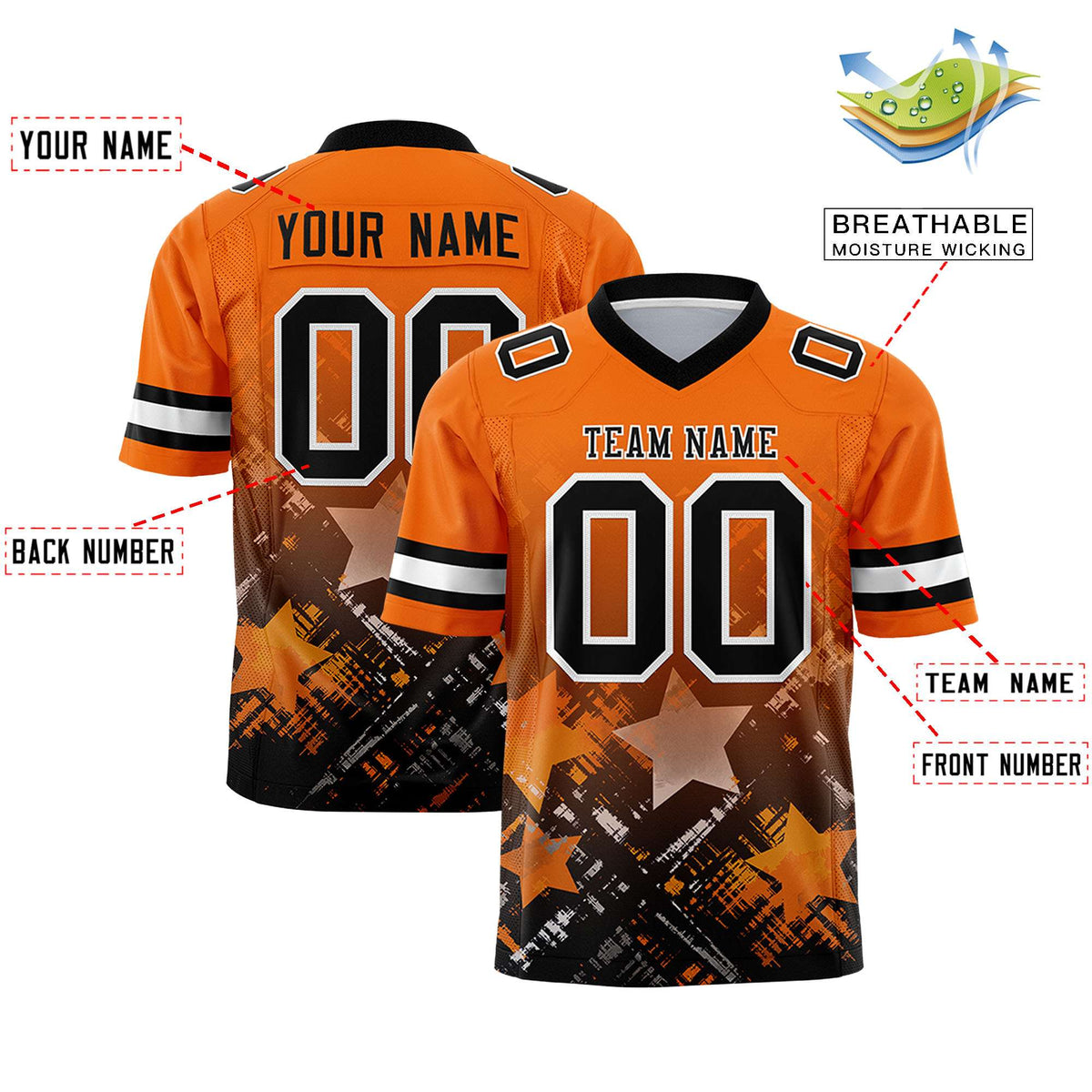 Custom Orange Black Personalized Star Gradient Authentic American Football Jersey