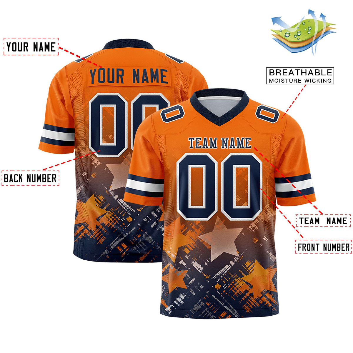Custom Orange Navy Personalized Star Gradient Authentic American Football Jersey