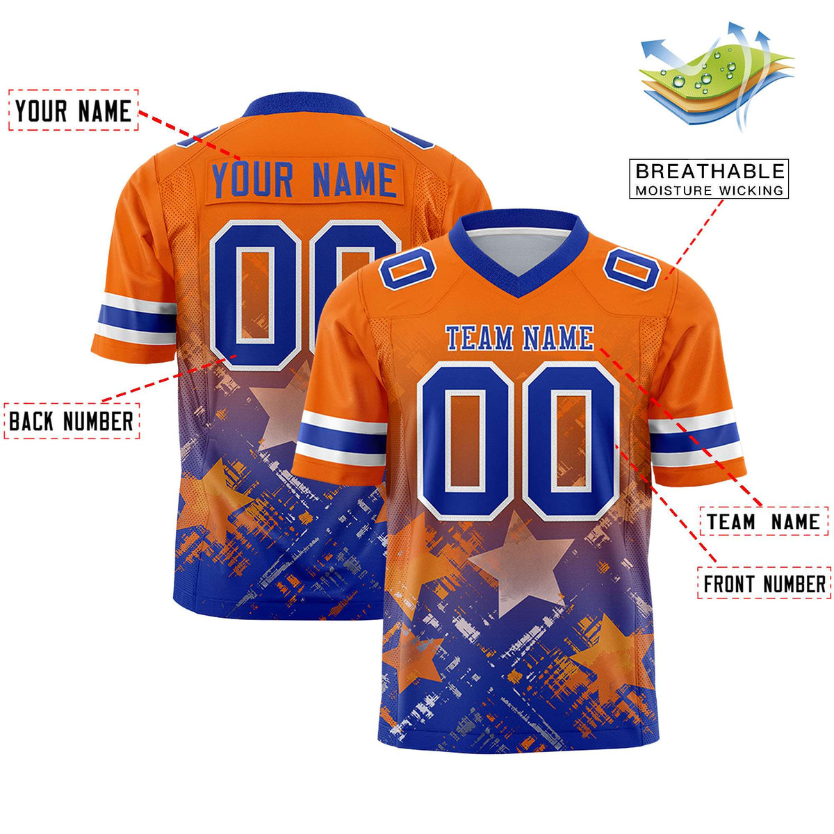 Custom Orange Royal Personalized Star Gradient Authentic American Football Jersey