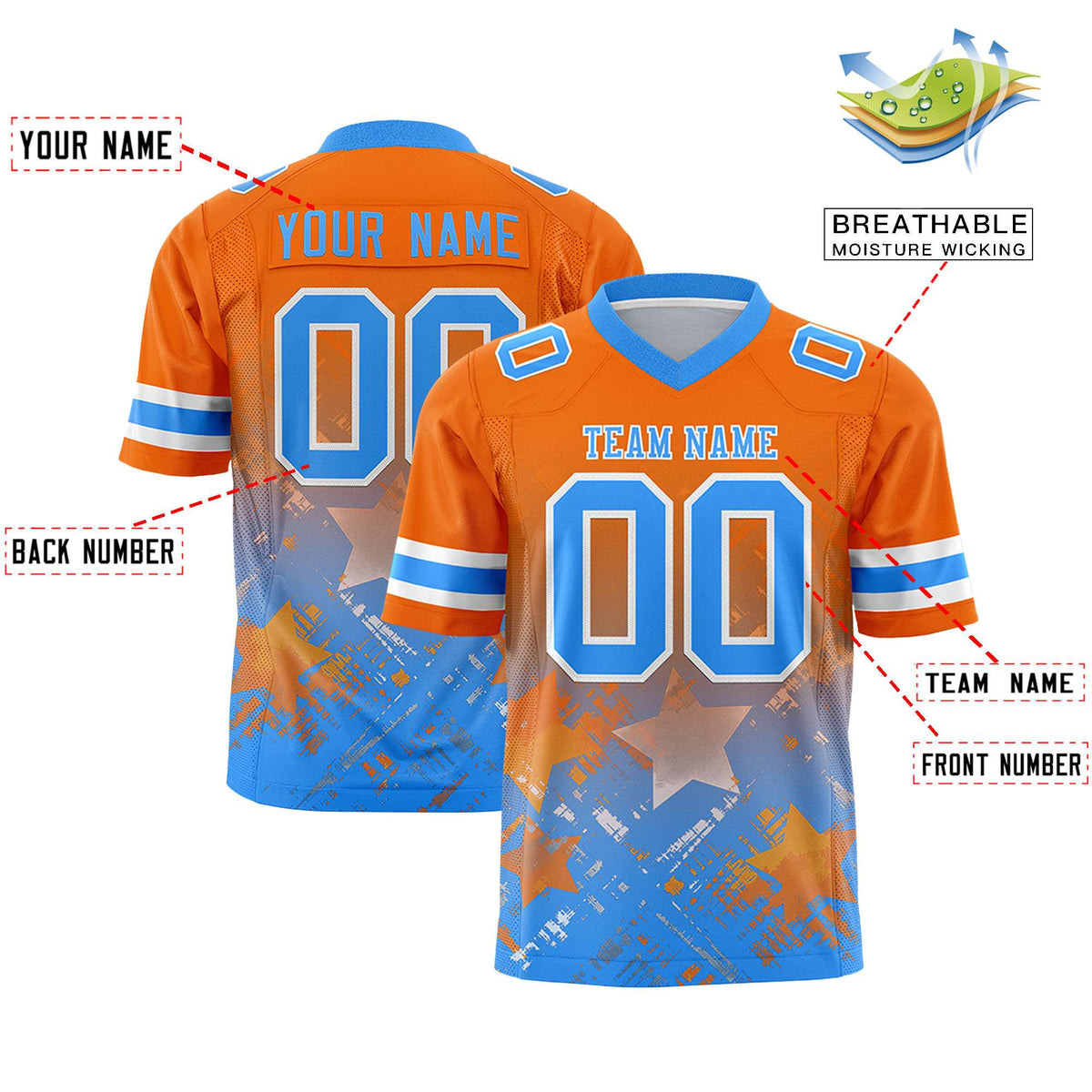 Custom Orange Light Blue Personalized Star Gradient Authentic American Football Jersey