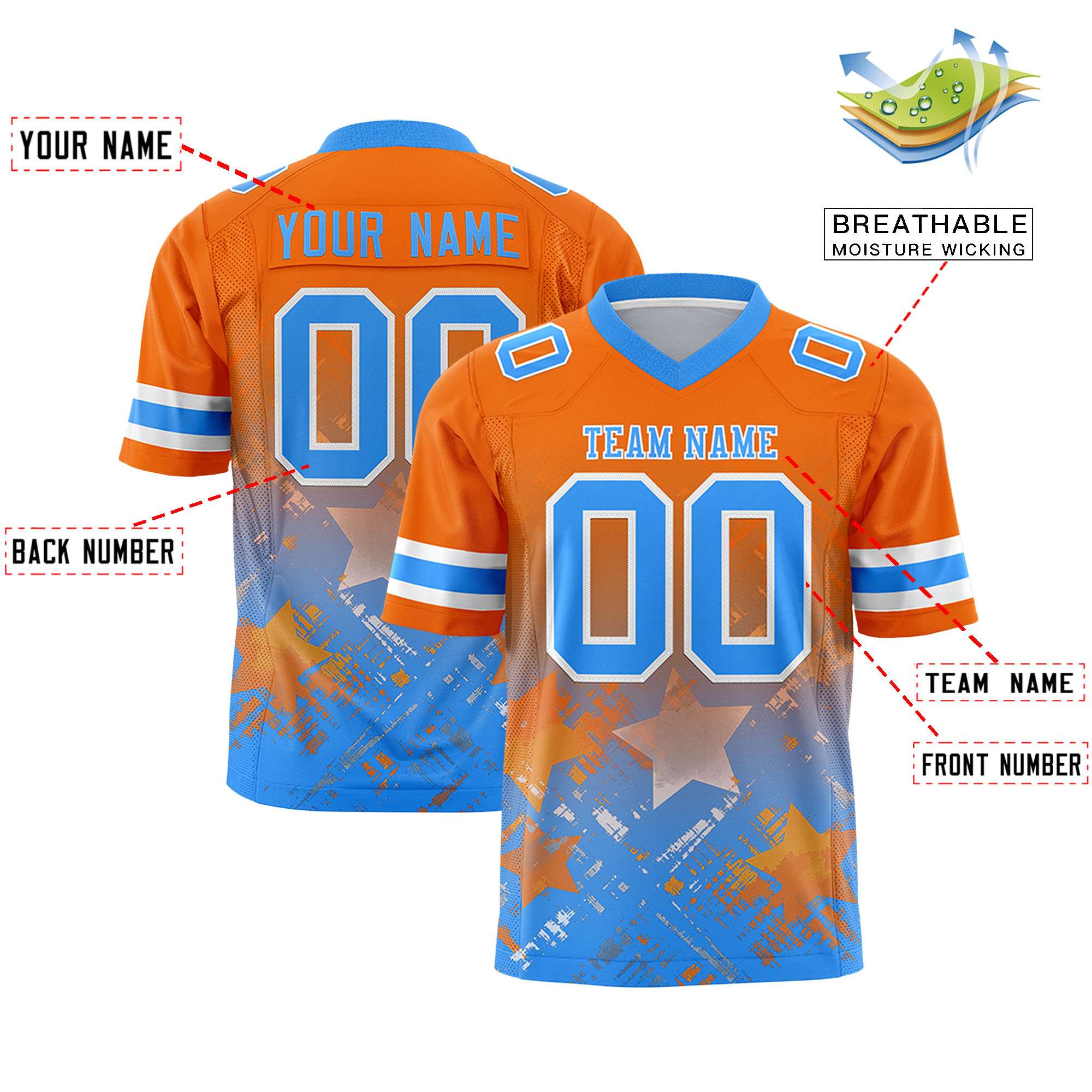 Custom Orange Light Blue Personalized Star Gradient Authentic American Football Jersey
