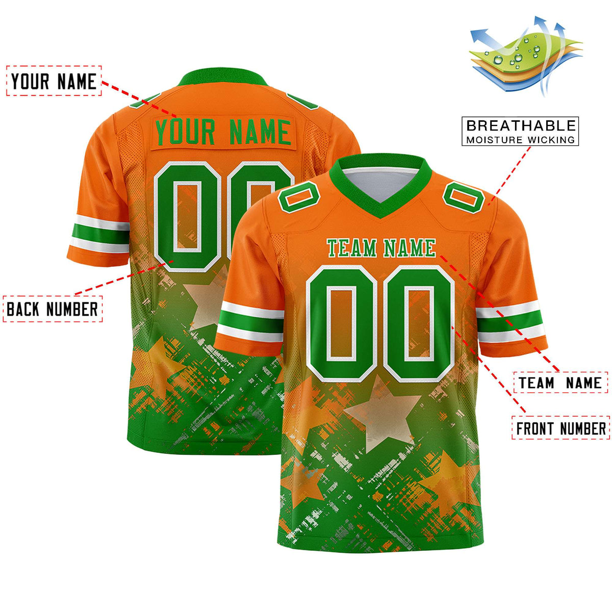 Custom Orange Kelly Green Personalized Star Gradient Authentic American Football Jersey