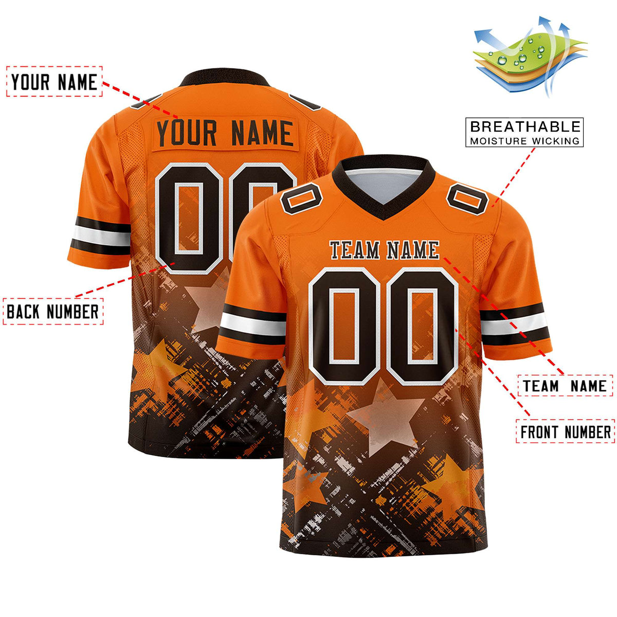Custom Orange Brown Personalized Star Gradient Authentic American Football Jersey