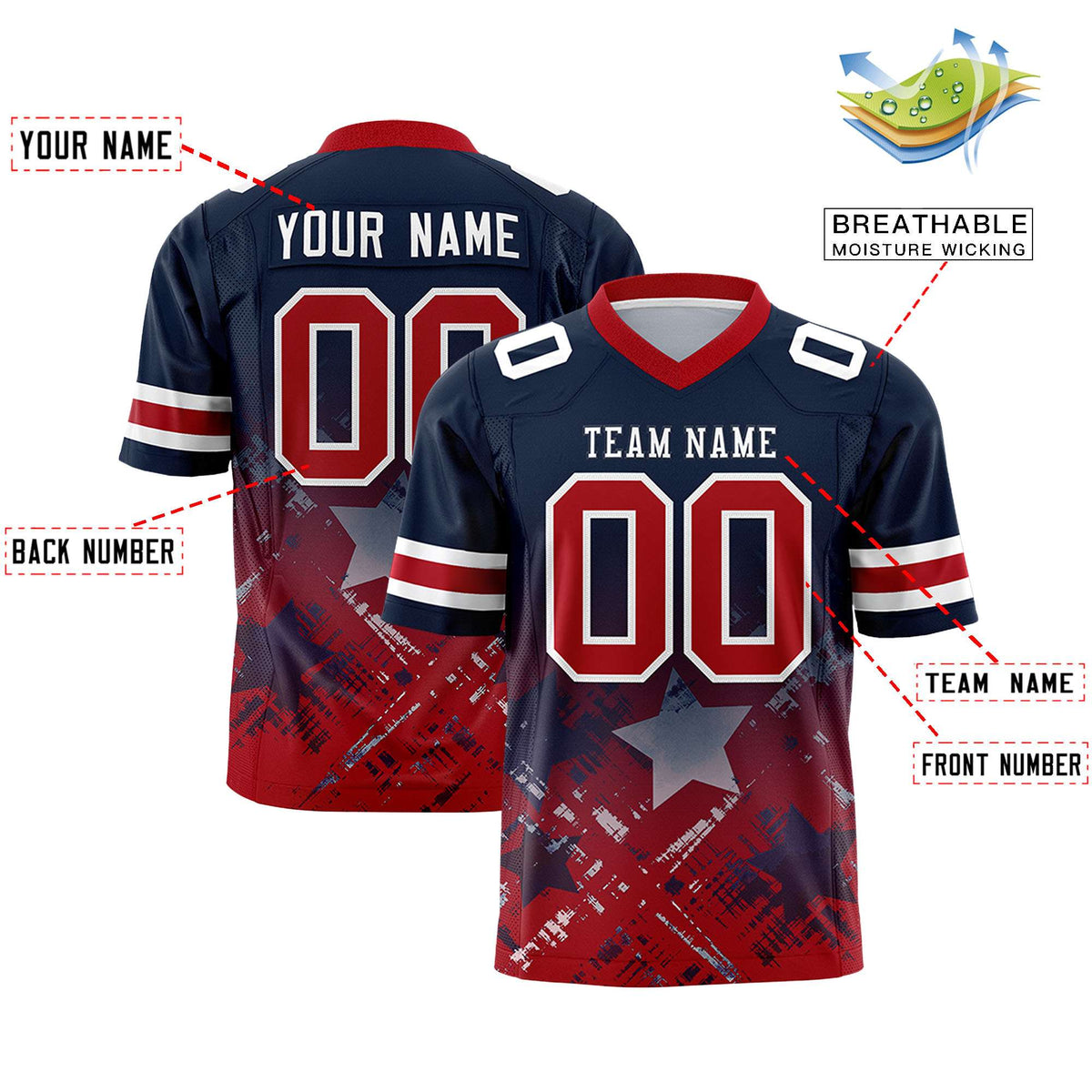 Custom Navy Red Personalized Star Gradient Authentic American Football Jersey