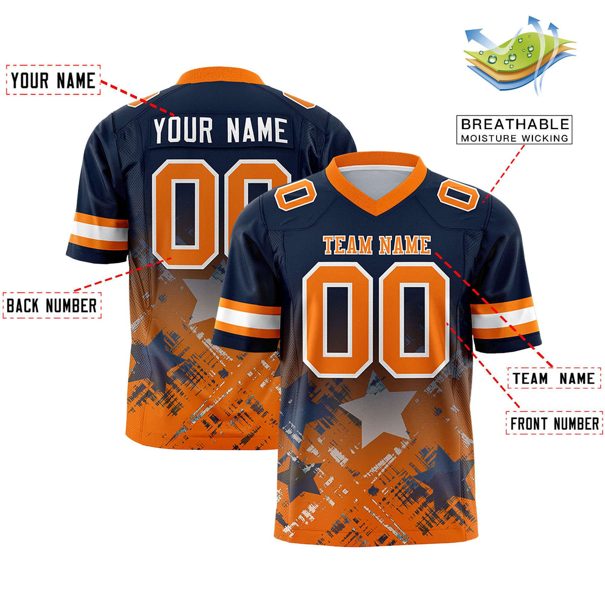 Custom Navy Orange Personalized Star Gradient Authentic American Football Jersey