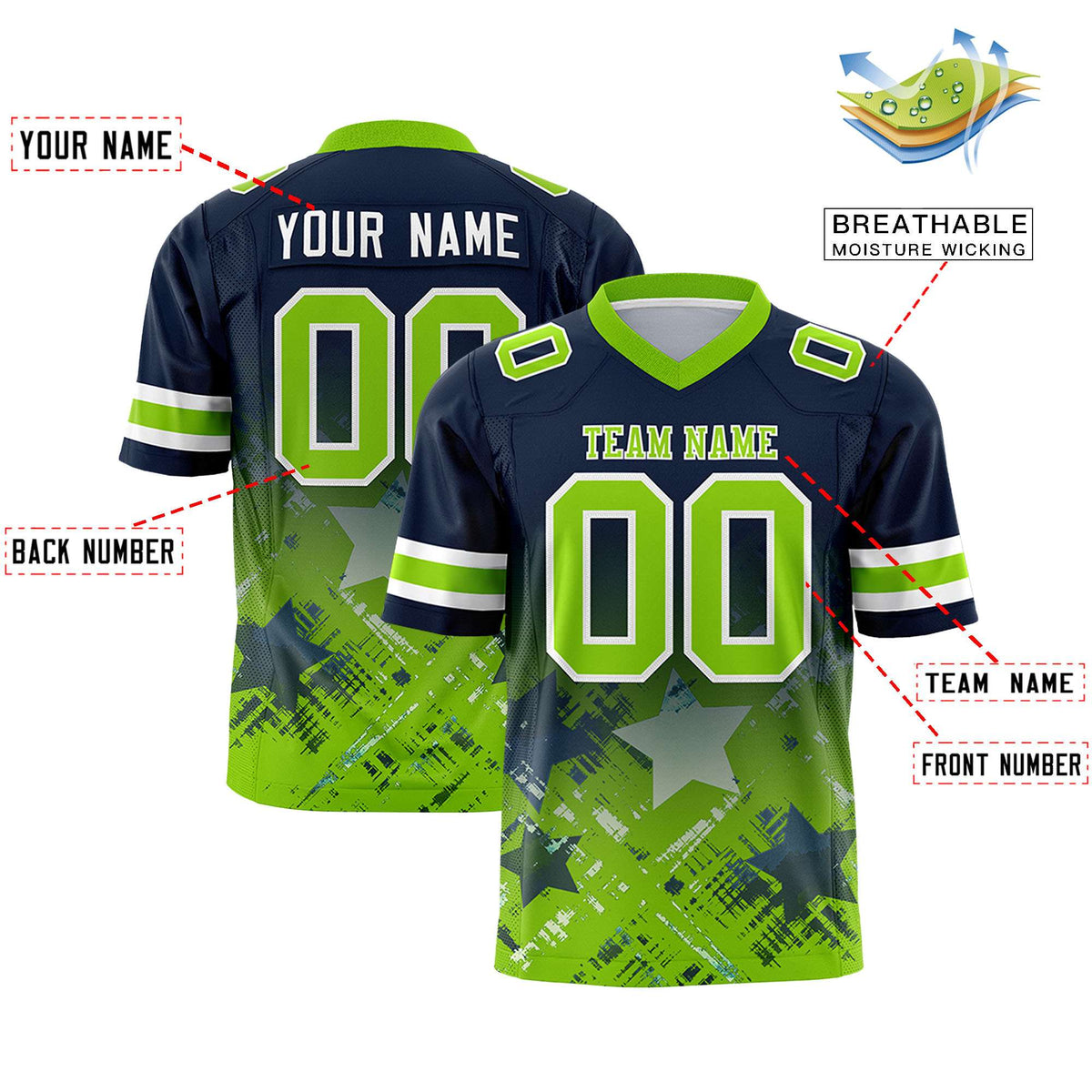 Custom Navy Neon Green Personalized Star Gradient Authentic American Football Jersey