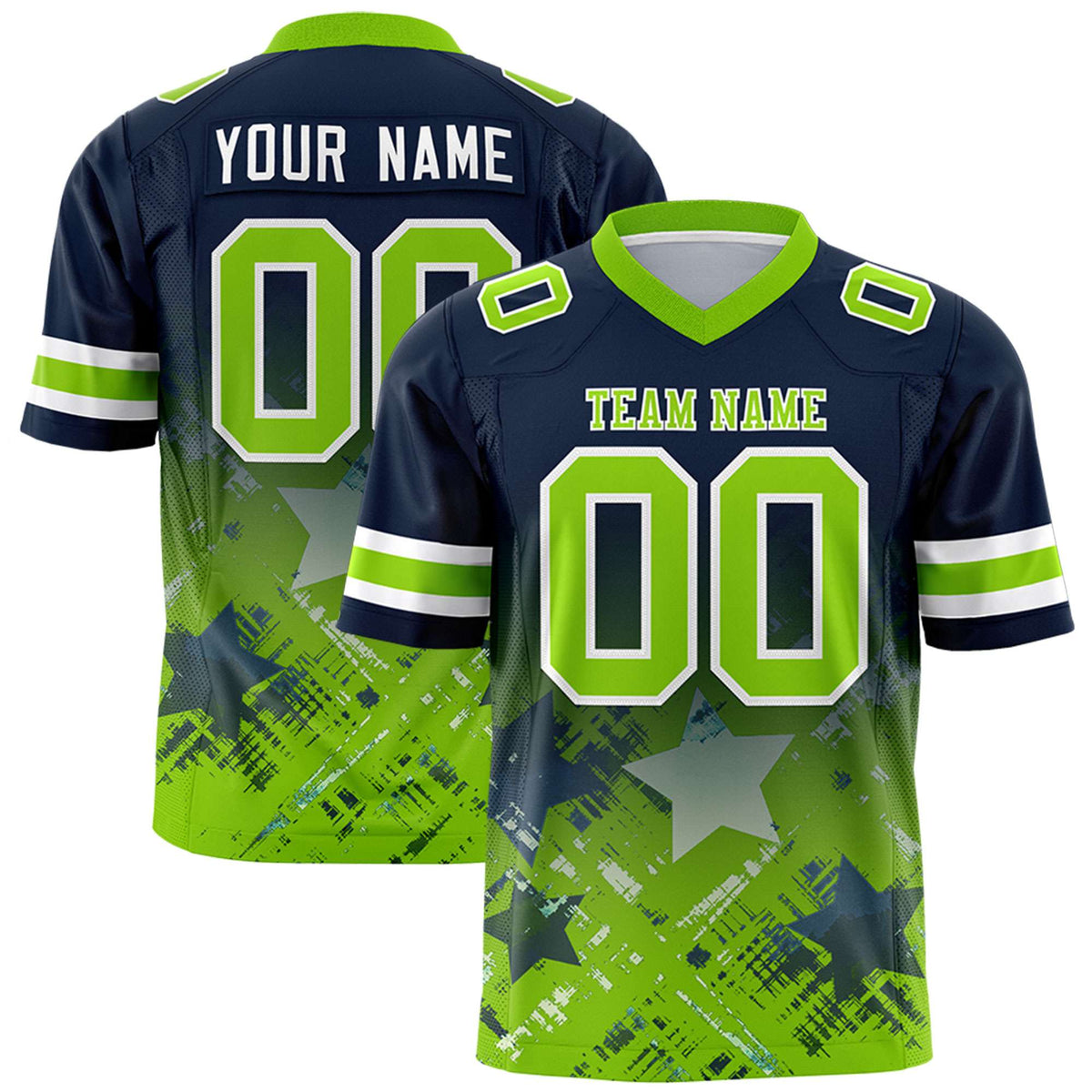 Custom Navy Neon Green Personalized Star Gradient Authentic American Football Jersey