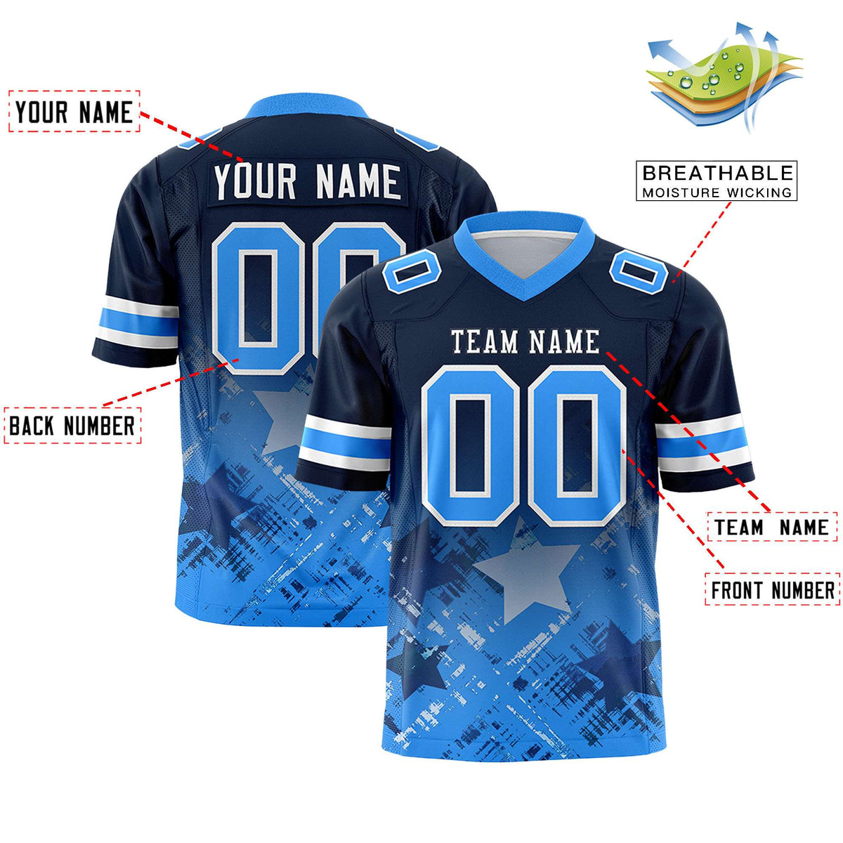 Custom Navy Light Blue Personalized Star Gradient Authentic American Football Jersey