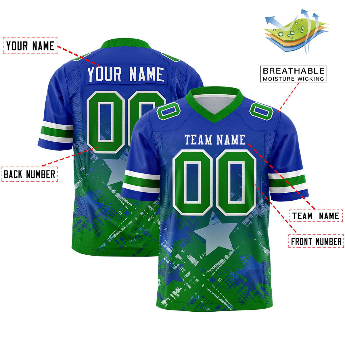 Custom Royal Kelly Green Personalized Star Gradient Authentic American Football Jersey