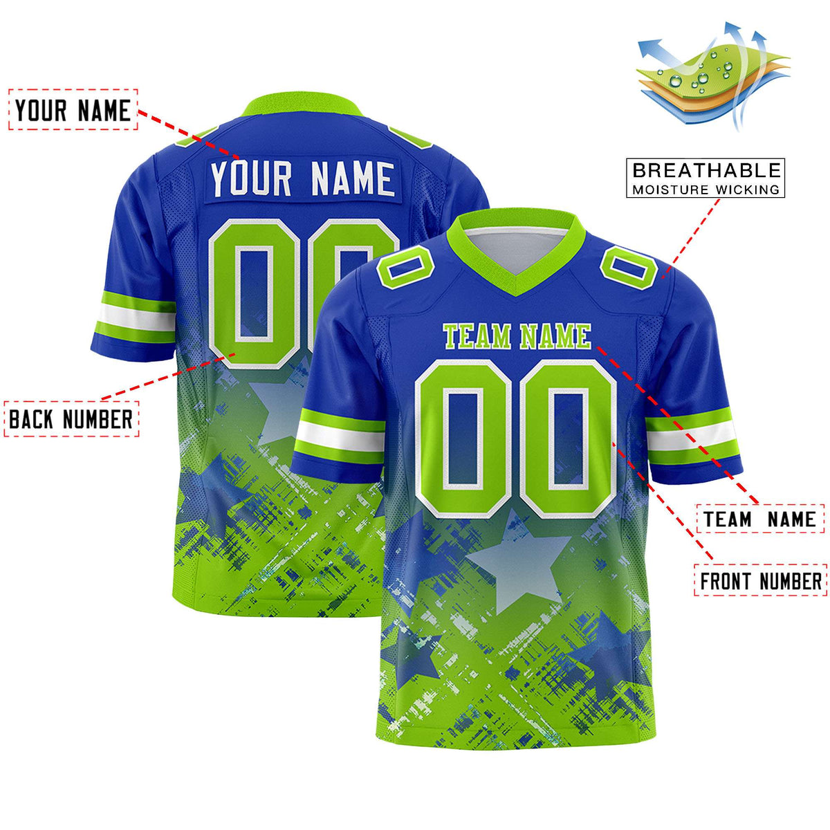 Custom Royal Neon Green Personalized Star Gradient Authentic American Football Jersey
