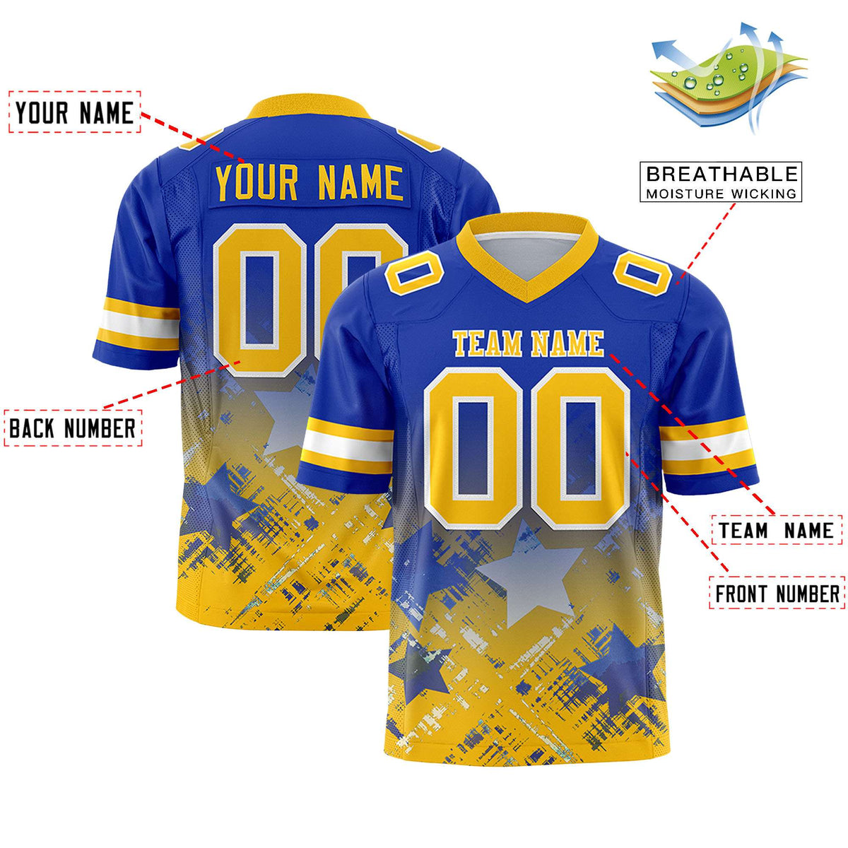 Custom Royal Yellow Personalized Star Gradient Authentic American Football Jersey