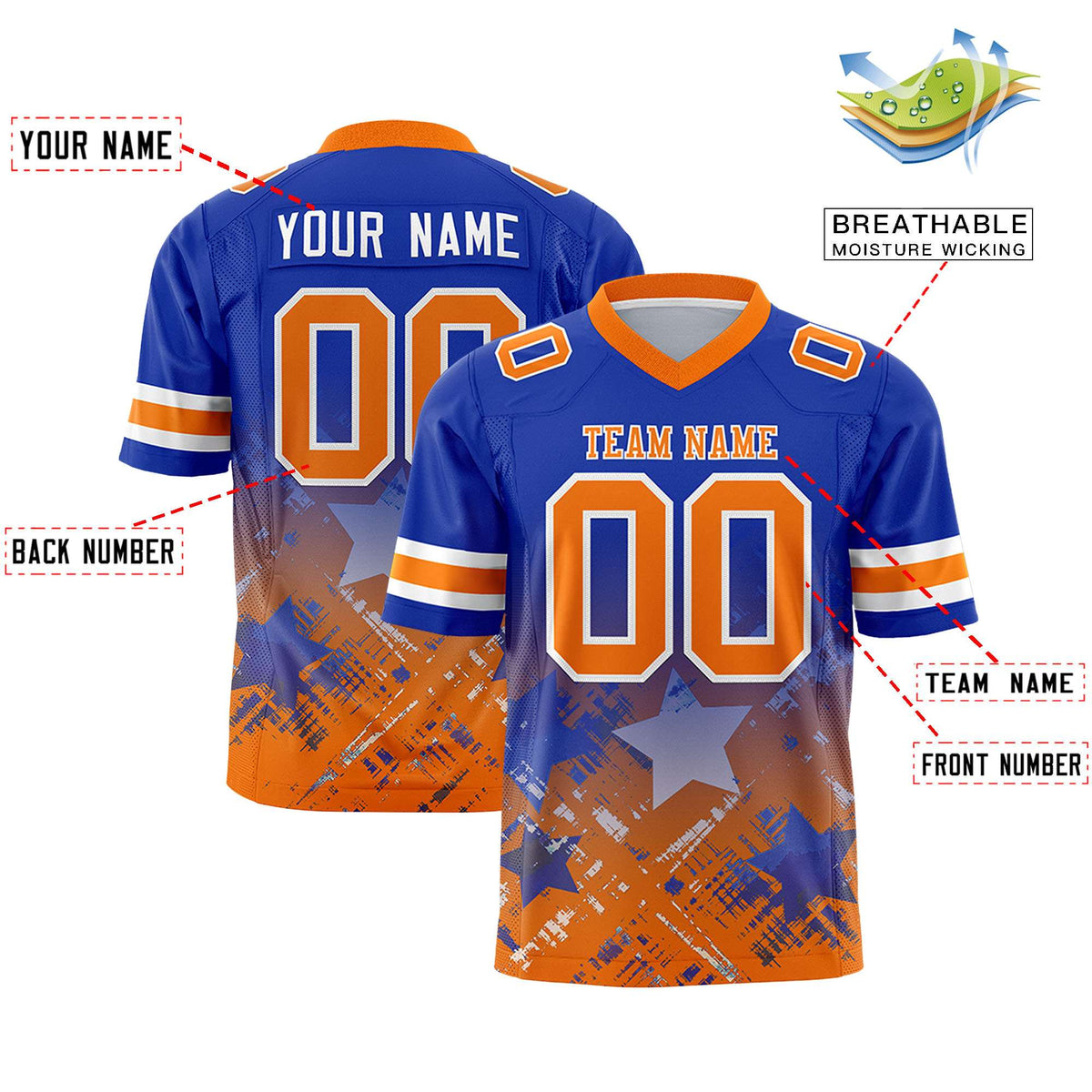 Custom Royal Orange Personalized Star Gradient Authentic American Football Jersey