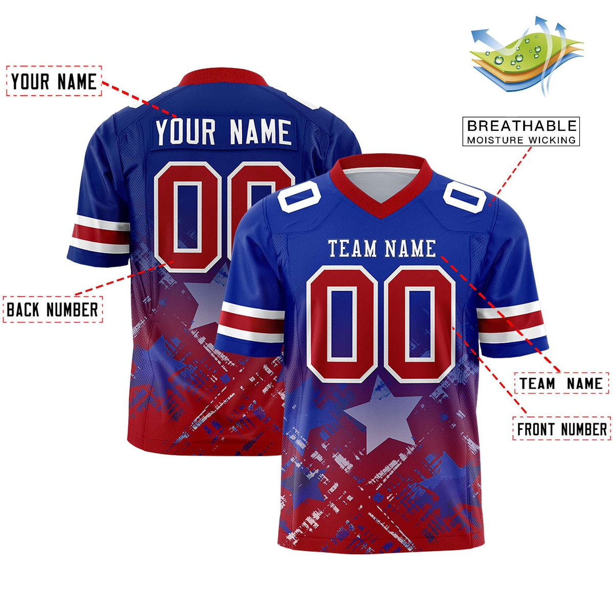 Custom Royal Red Personalized Star Gradient Authentic American Football Jersey