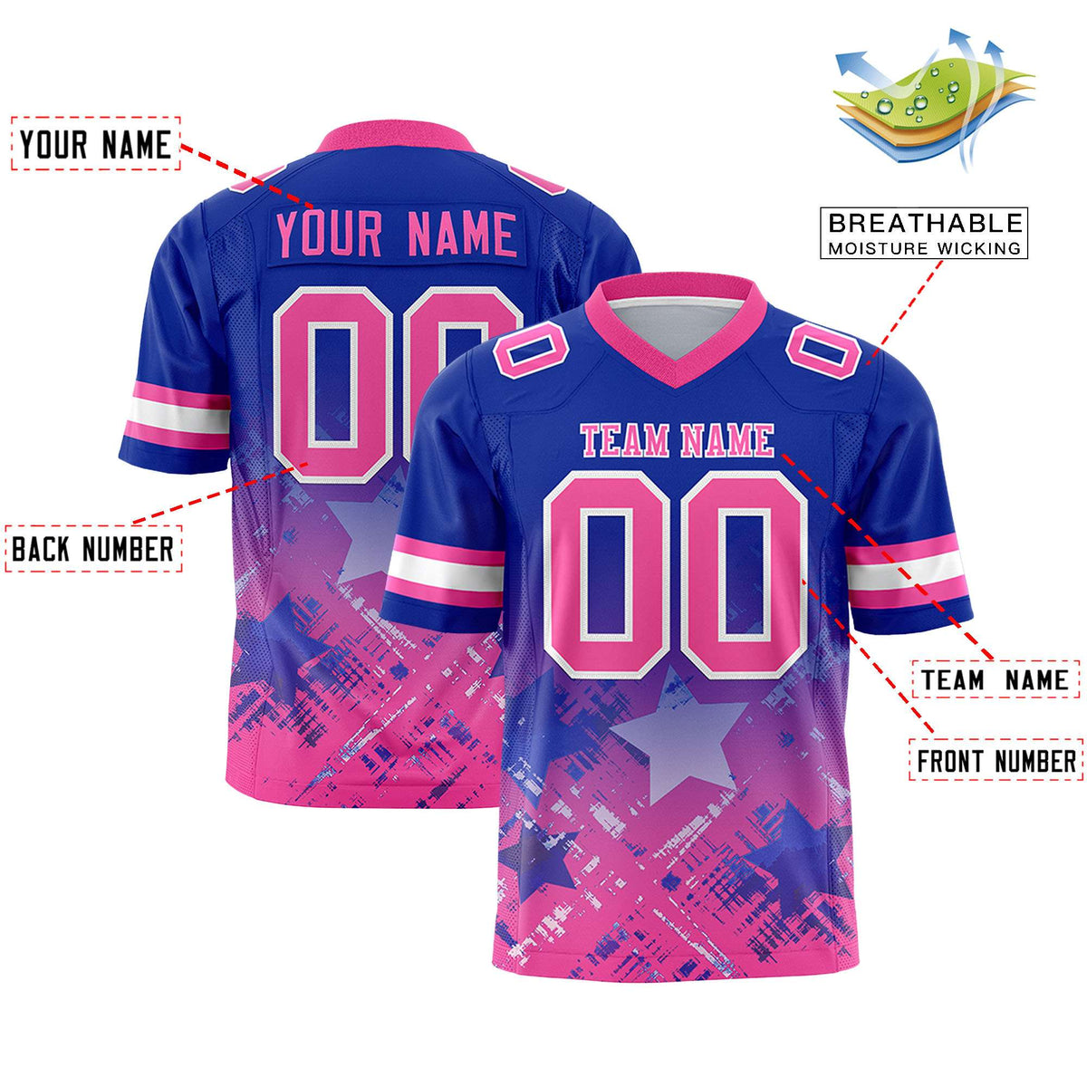 Custom Royal Pink Personalized Star Gradient Authentic American Football Jersey