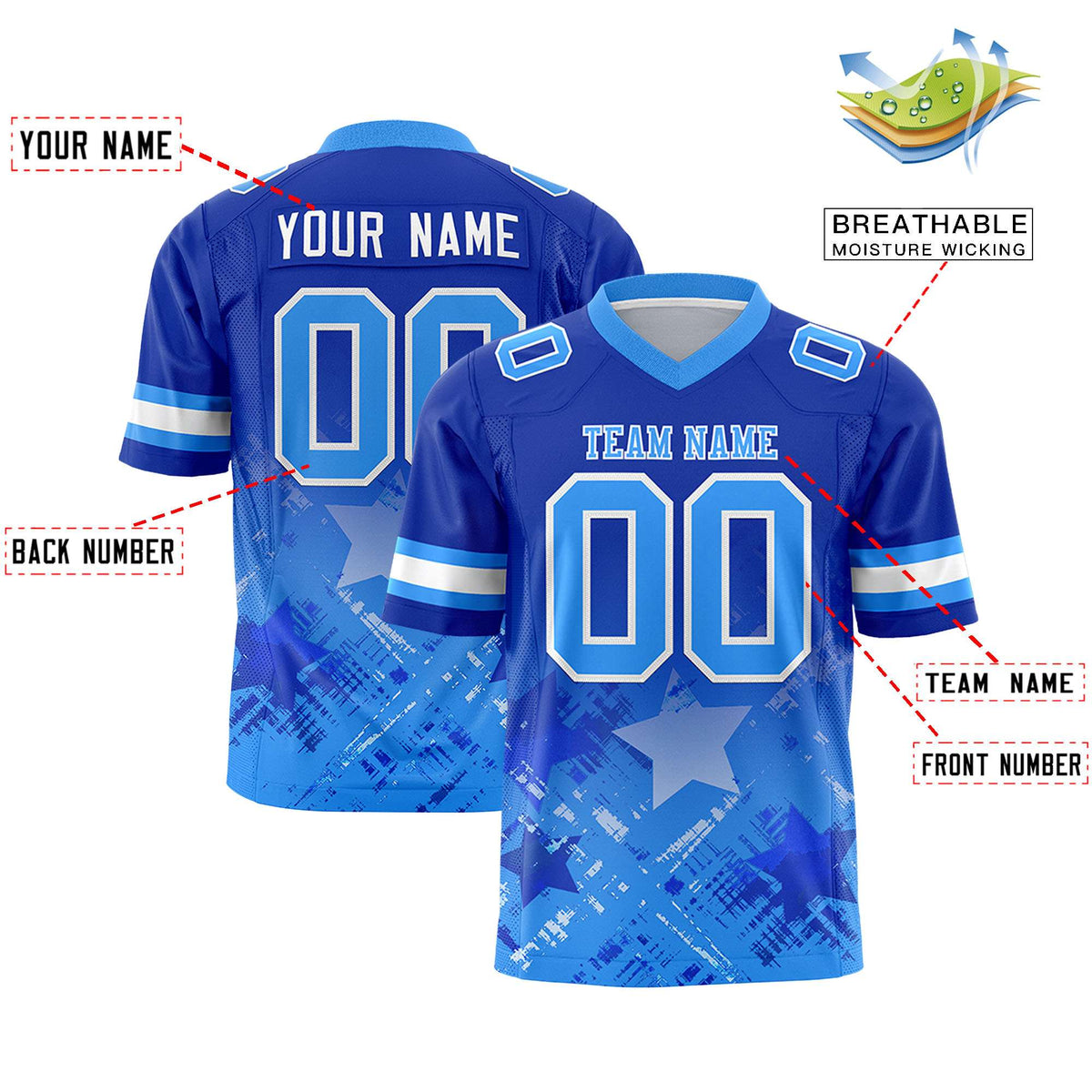 Custom Royal Light Blue Personalized Star Gradient Authentic American Football Jersey