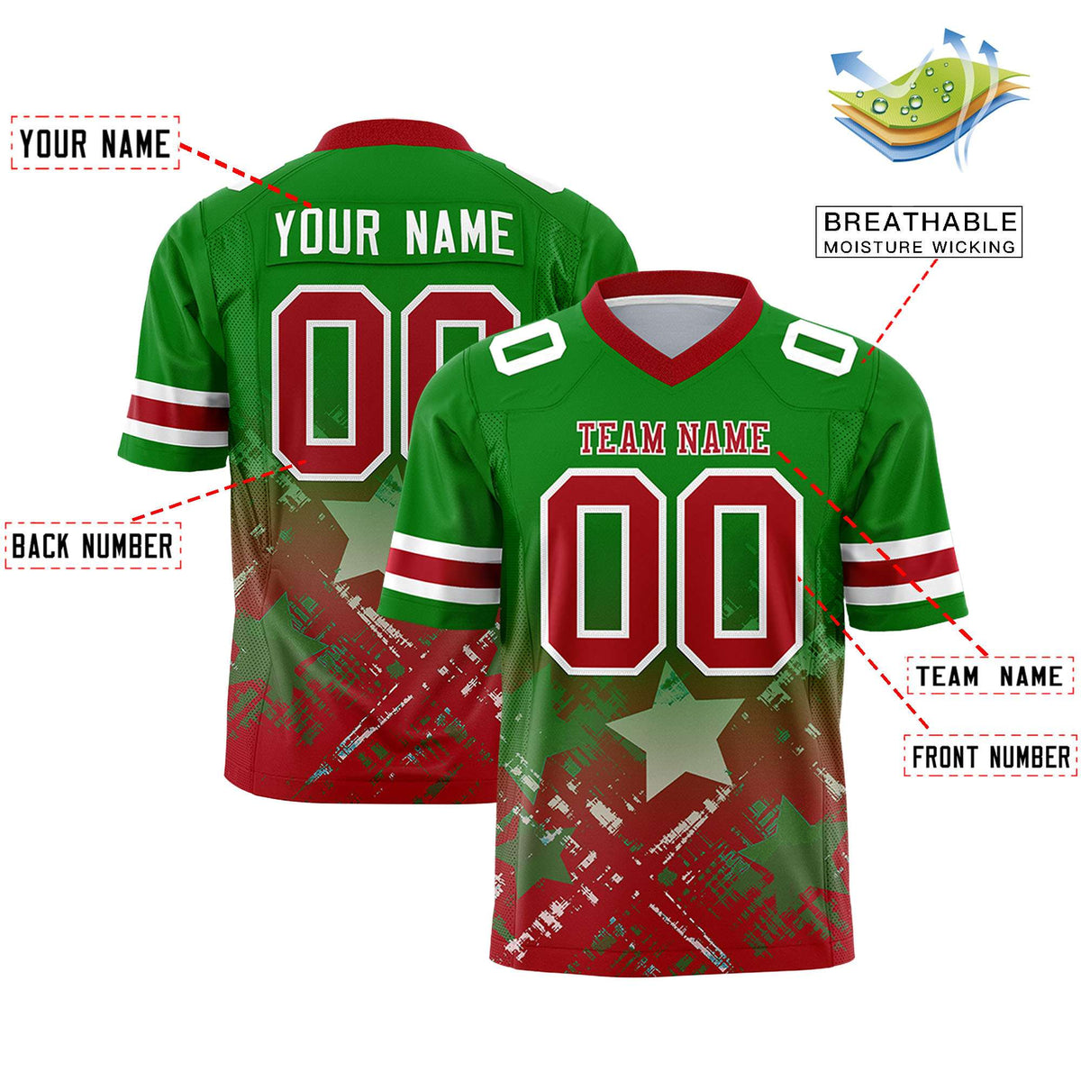 Custom Kelly Green Red Personalized Star Gradient Authentic American Football Jersey