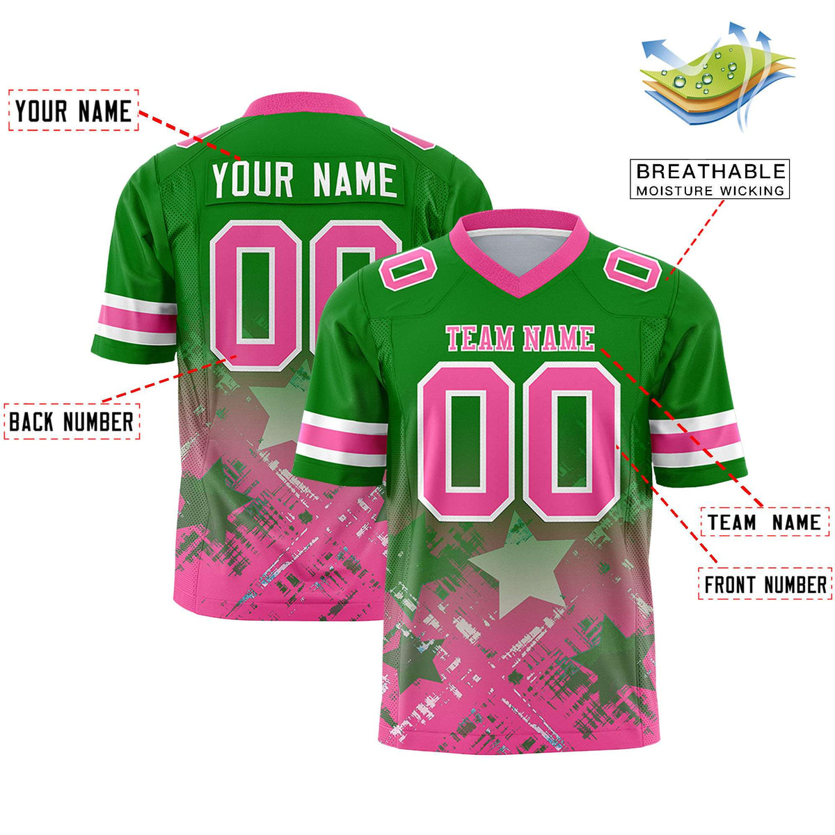 Custom Kelly Green Pink Personalized Star Gradient Authentic American Football Jersey