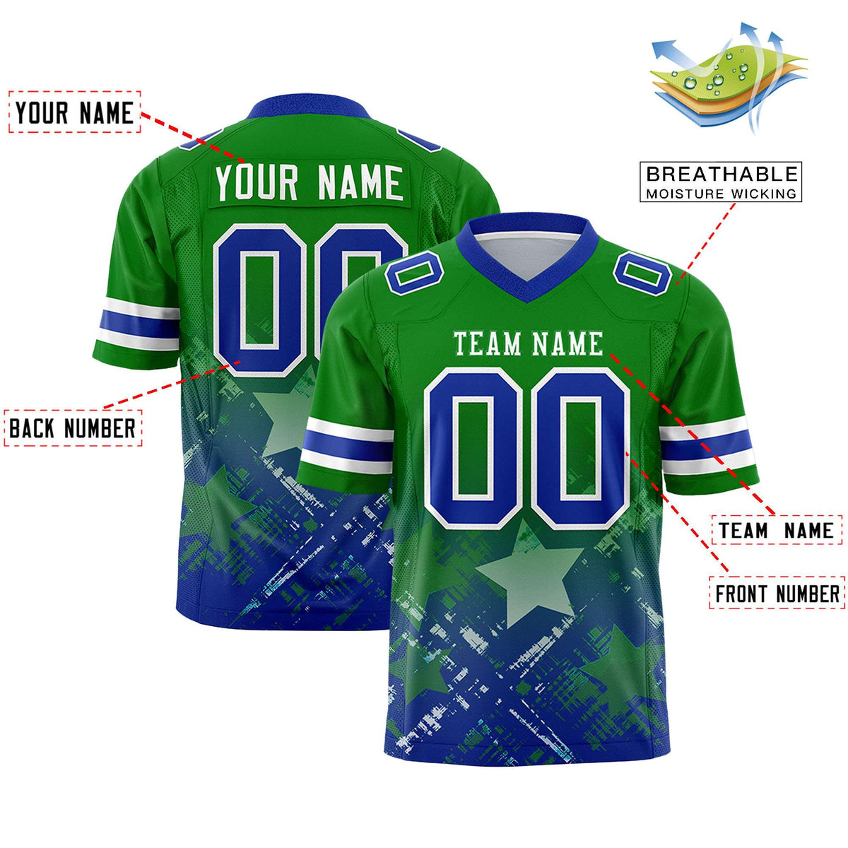Custom Kelly Green Royal Personalized Star Gradient Authentic American Football Jersey