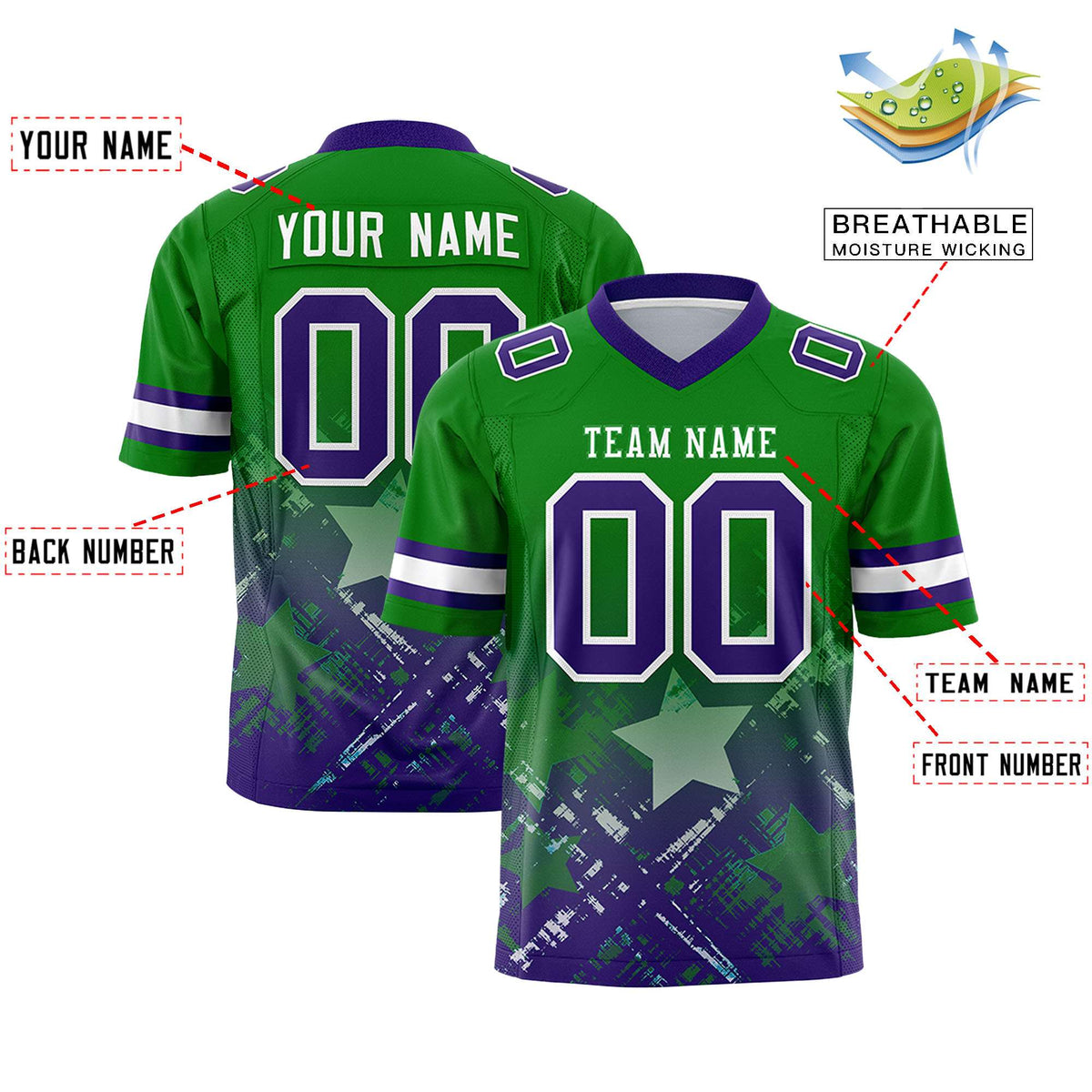 Custom Kelly Green Purple Personalized Star Gradient Authentic American Football Jersey