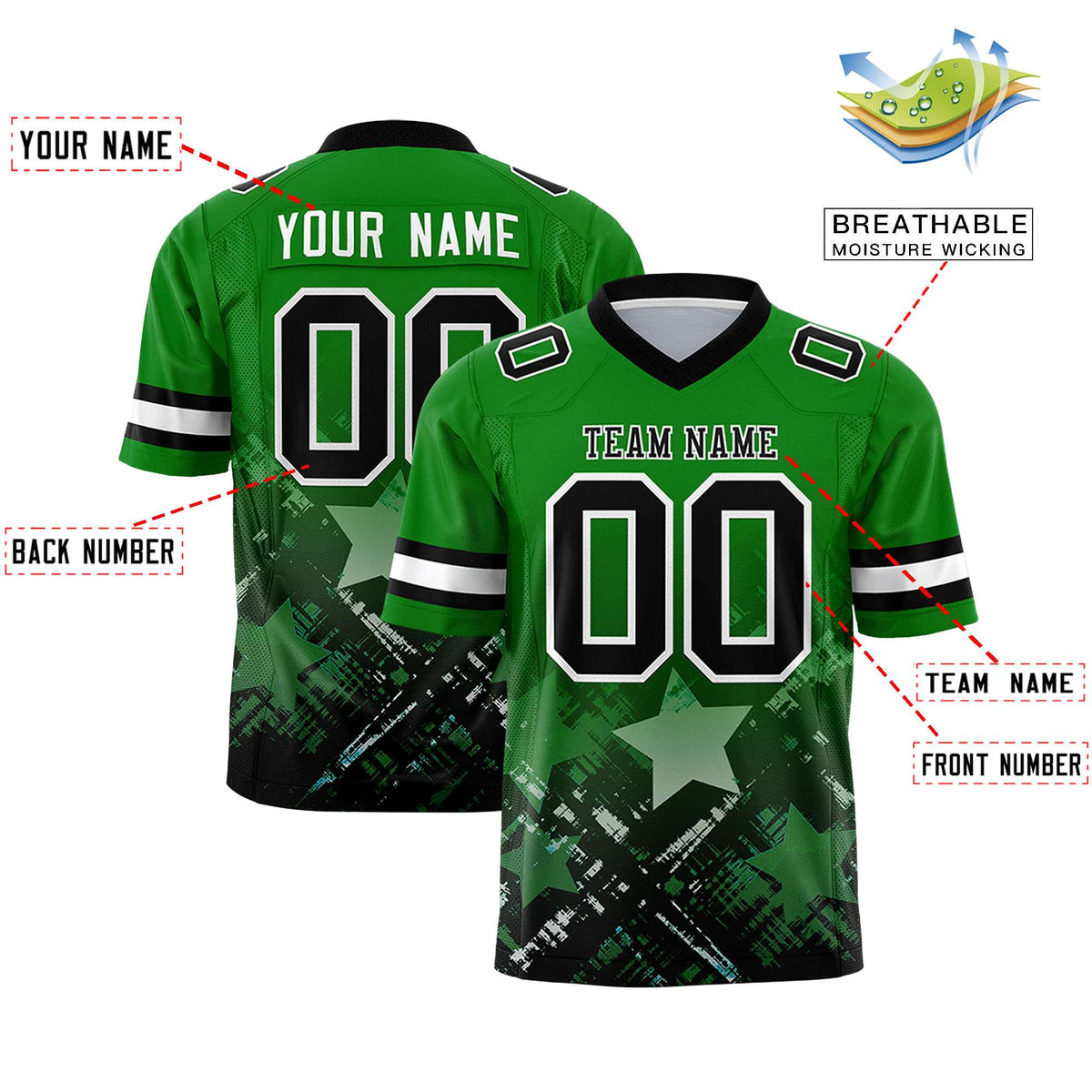 Custom Kelly Green Black Personalized Star Gradient Authentic American Football Jersey