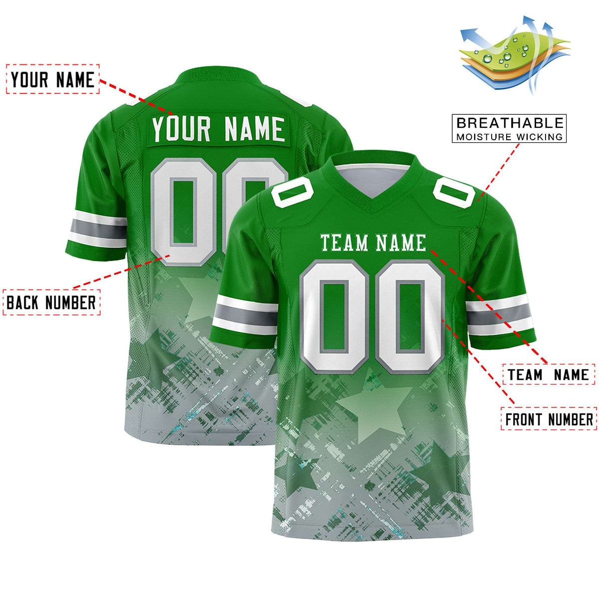 Custom Kelly Green Kelly Green Personalized Star Gradient Authentic American Football Jersey