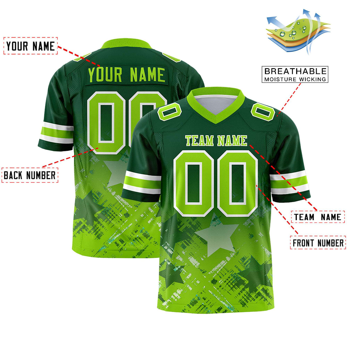 Custom Green Neon Green Personalized Star Gradient Authentic American Football Jersey