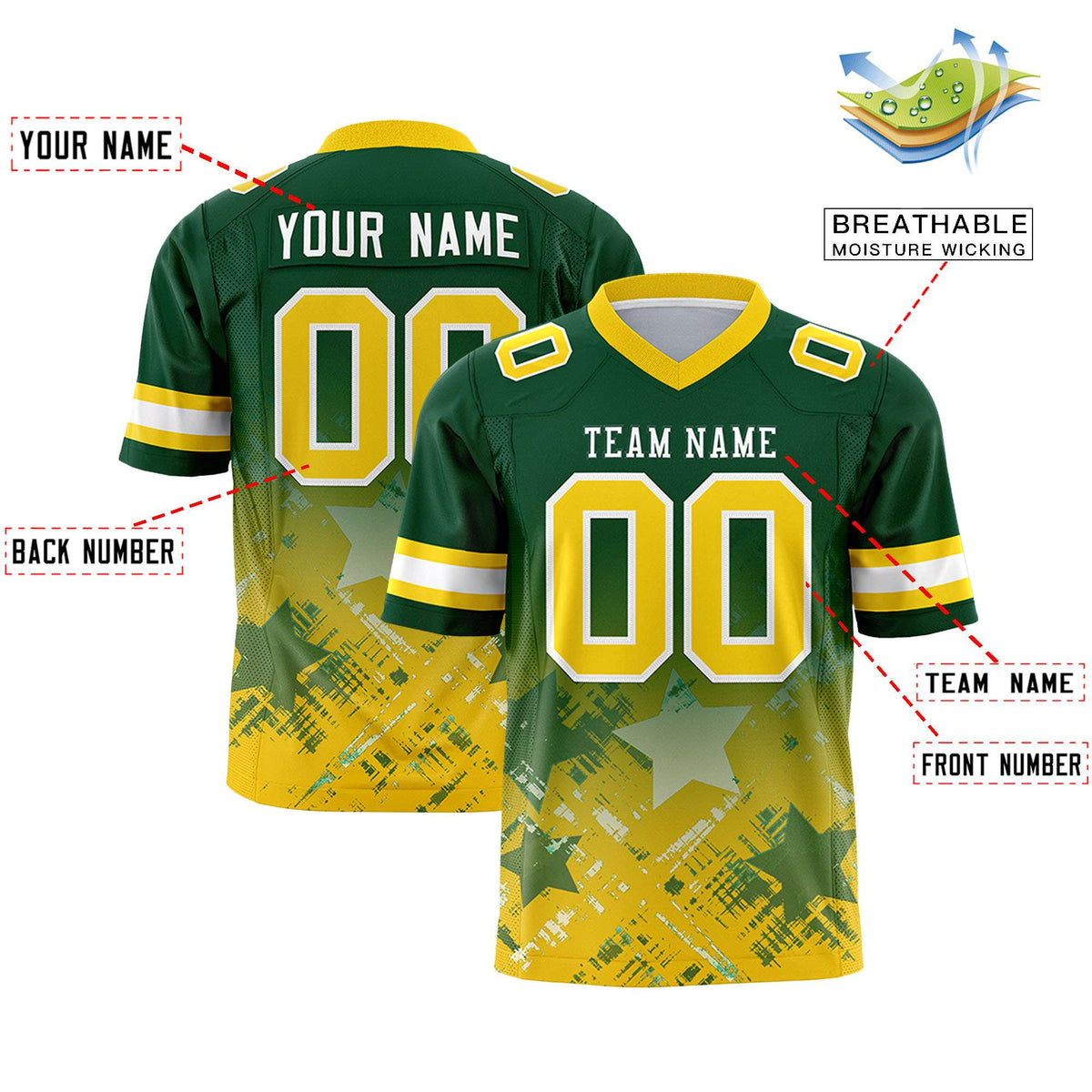 Custom Green Gold Personalized Star Gradient Authentic American Football Jersey