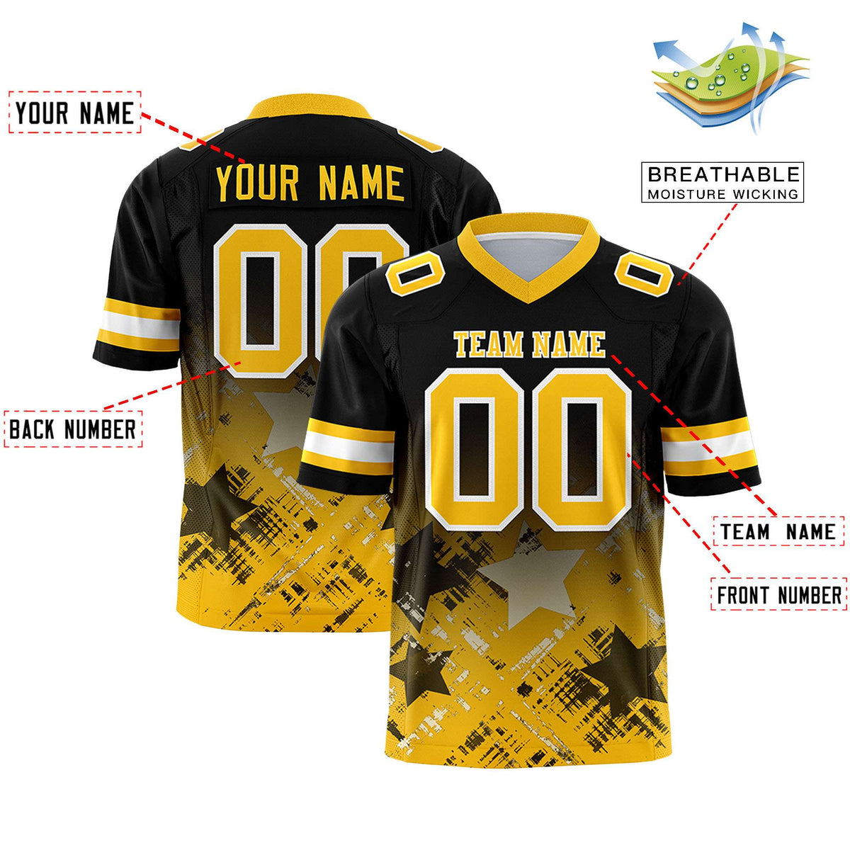 Custom Black Yellow Personalized Star Gradient Authentic American Football Jersey