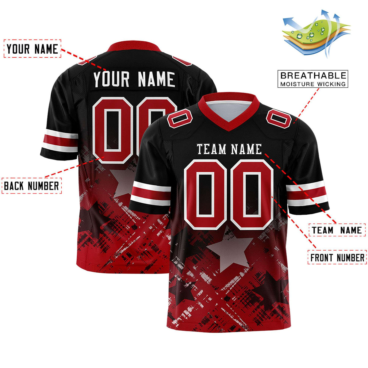 Custom Black Red Personalized Star Gradient Authentic American Football Jersey