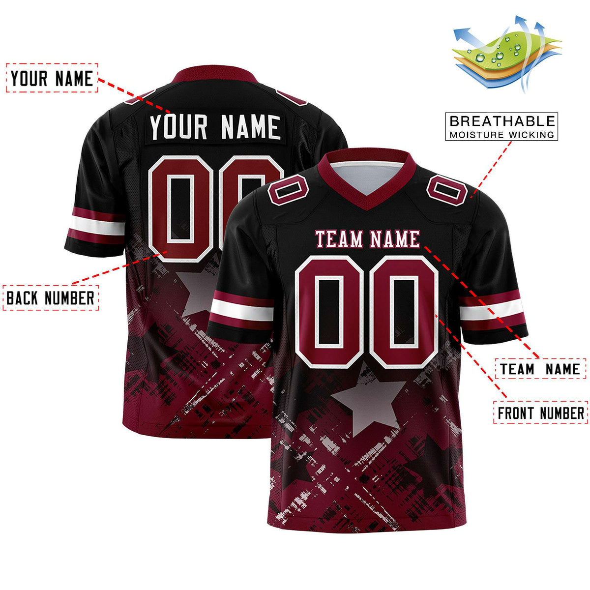 Custom Black Cardinal Personalized Star Gradient Authentic American Football Jersey
