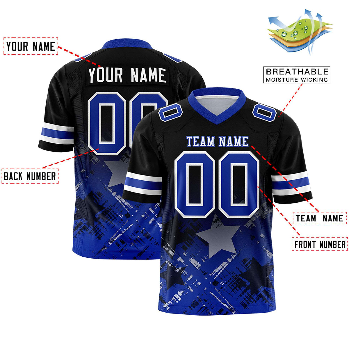 Custom Black Royal Personalized Star Gradient Authentic American Football Jersey