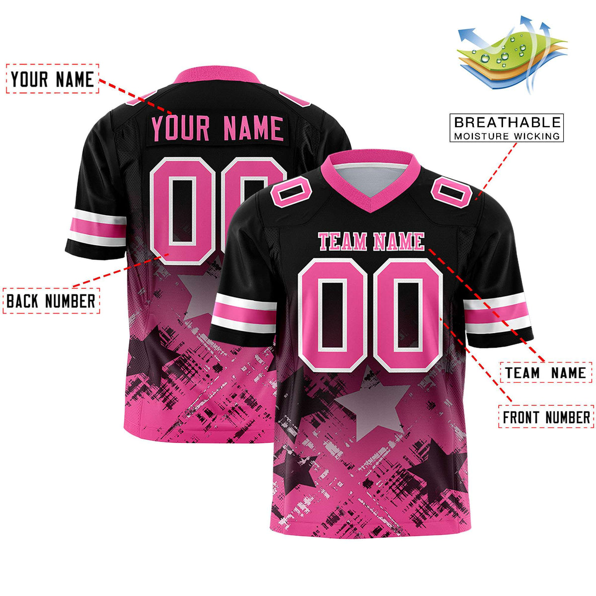 Custom Black Pink Personalized Star Gradient Authentic American Football Jersey