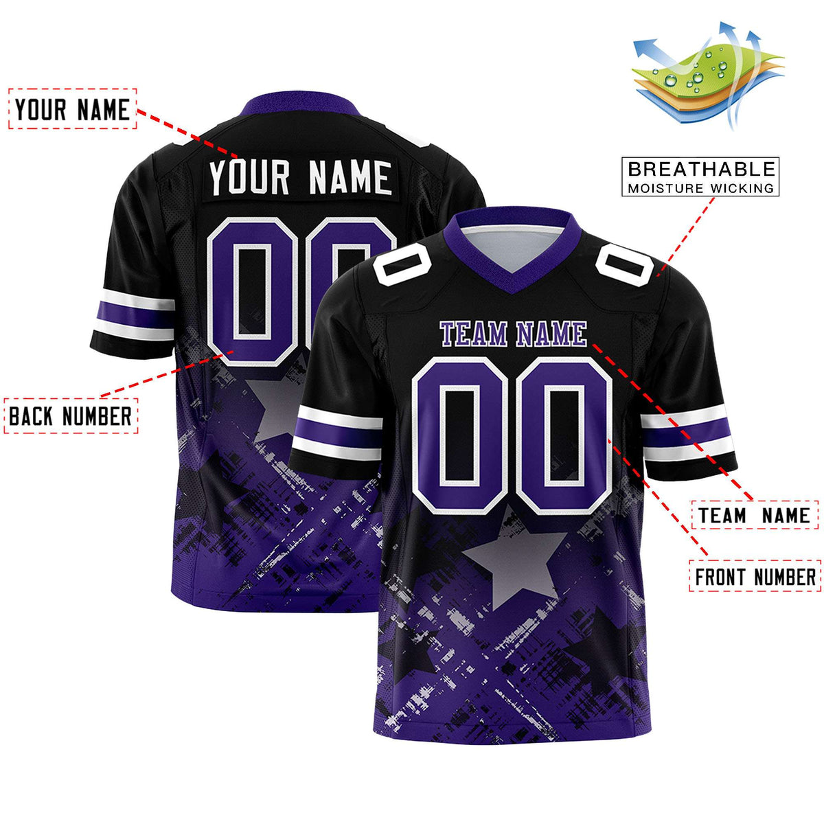 Custom Black Purple Personalized Star Gradient Authentic American Football Jersey