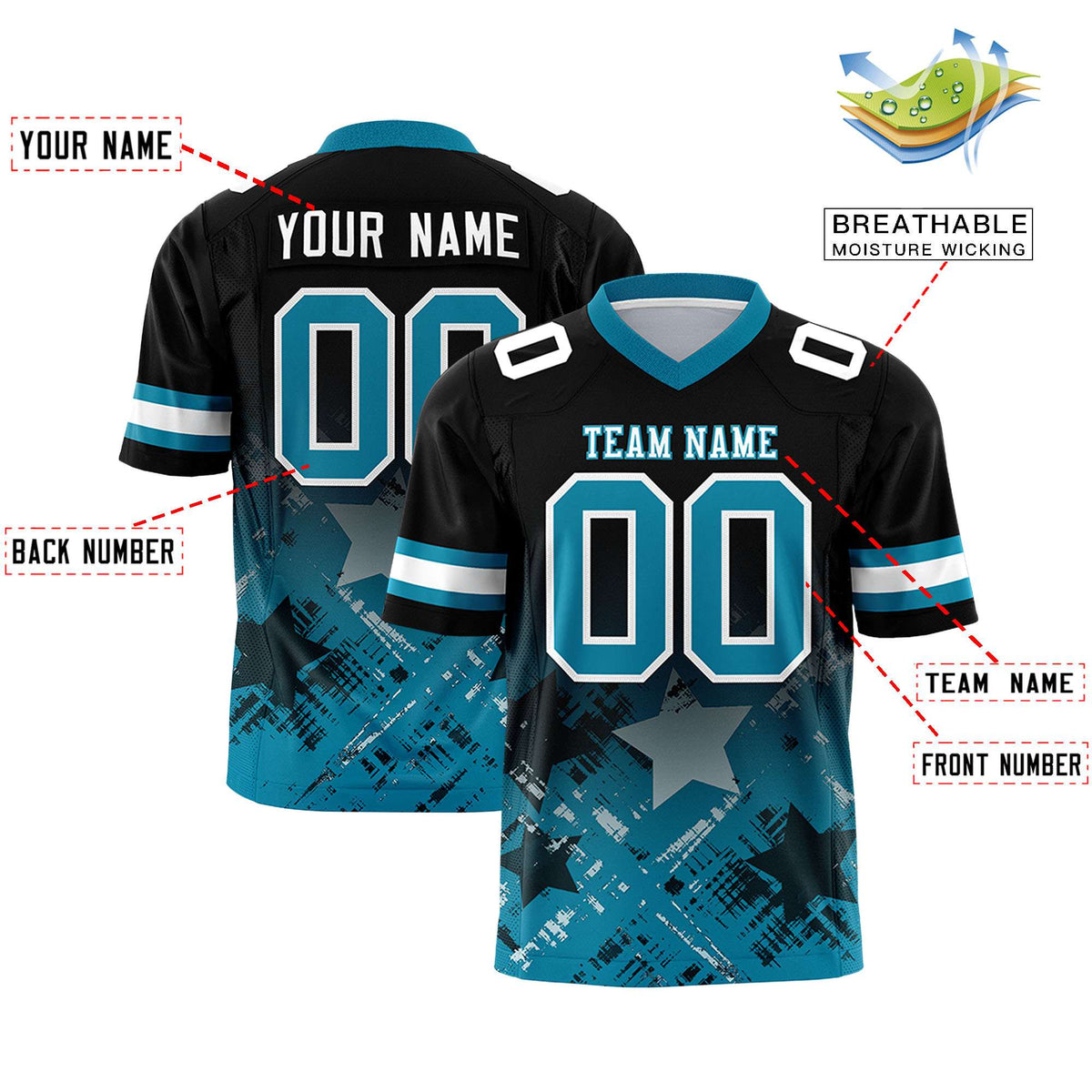Custom Black Aqua Personalized Star Gradient Authentic American Football Jersey