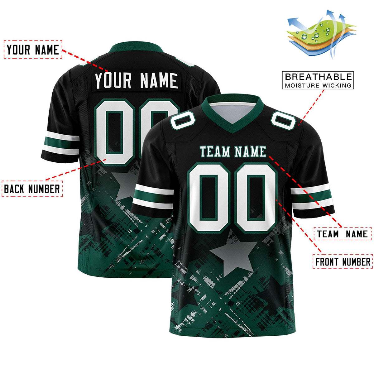 Custom Black Midnight Green Personalized Star Gradient Authentic American Football Jersey