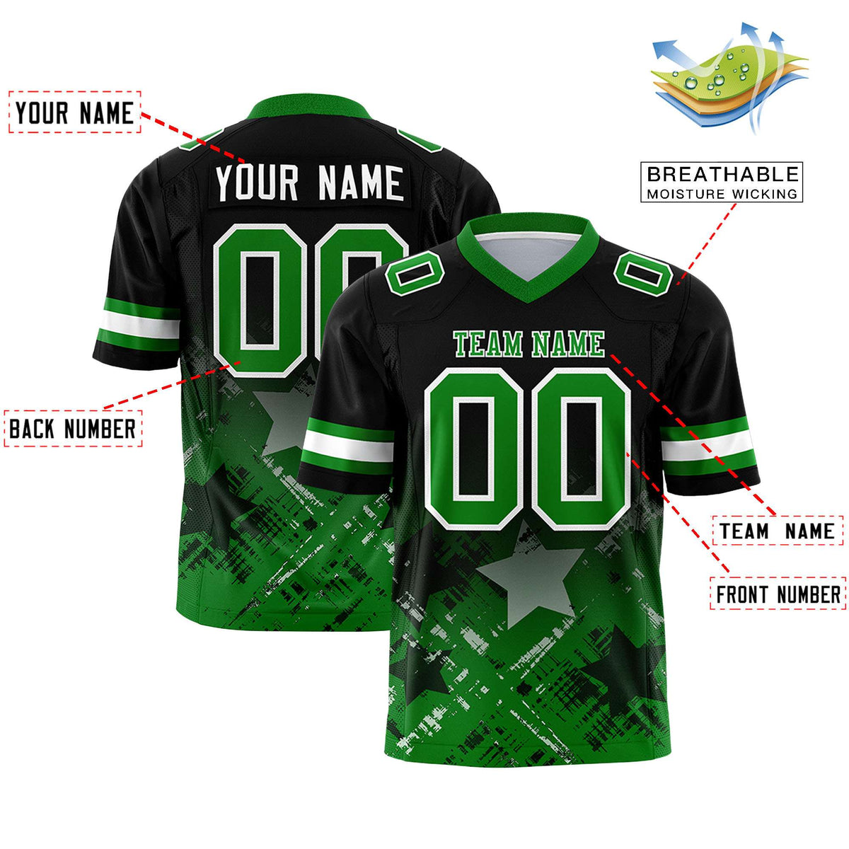Custom Black Kelly Green Personalized Star Gradient Authentic American Football Jersey