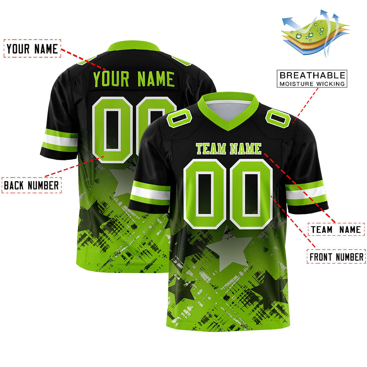 Custom Black Neon Green Personalized Star Gradient Authentic American Football Jersey