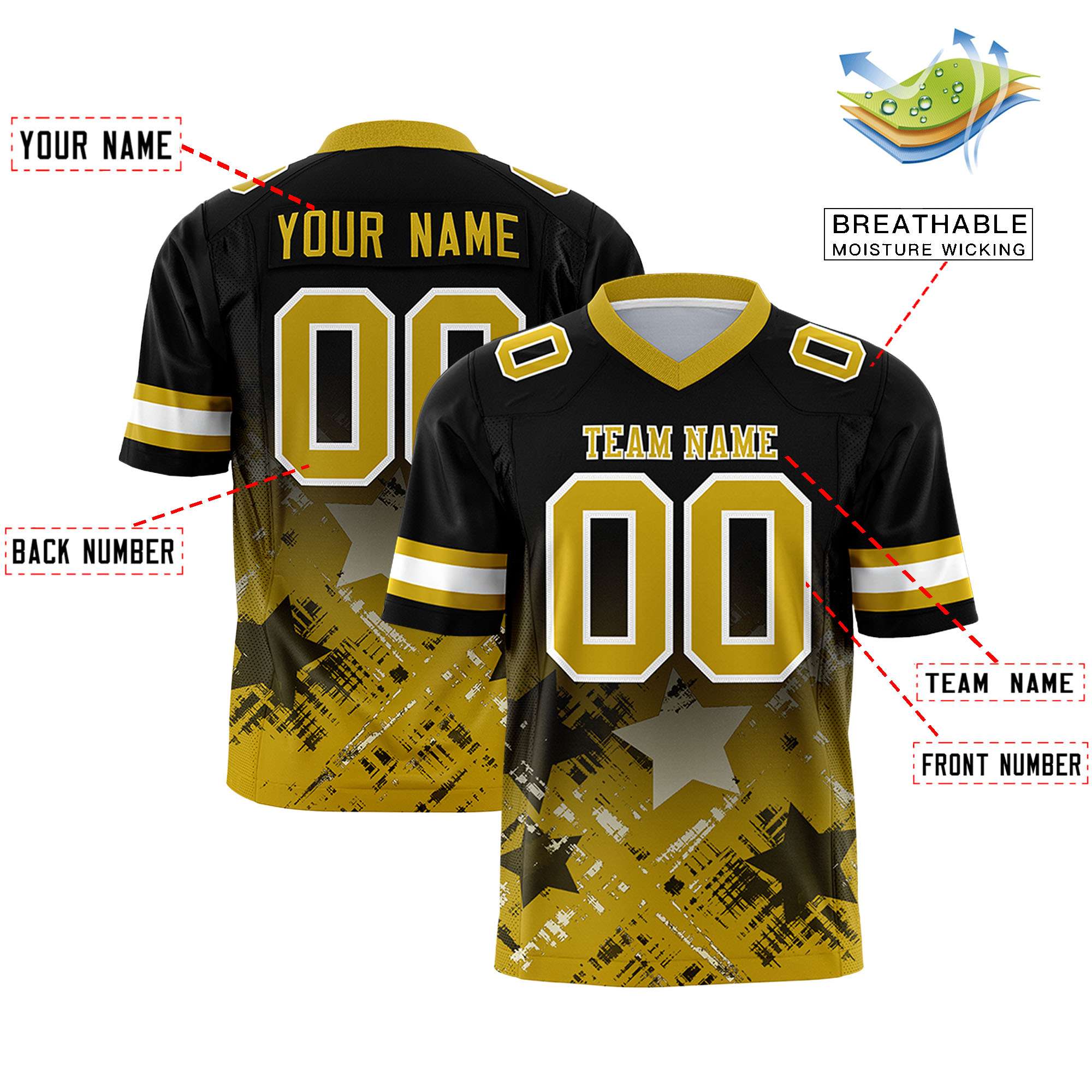 Custom Black Old Gold Personalized Star Gradient Authentic American Football Jersey