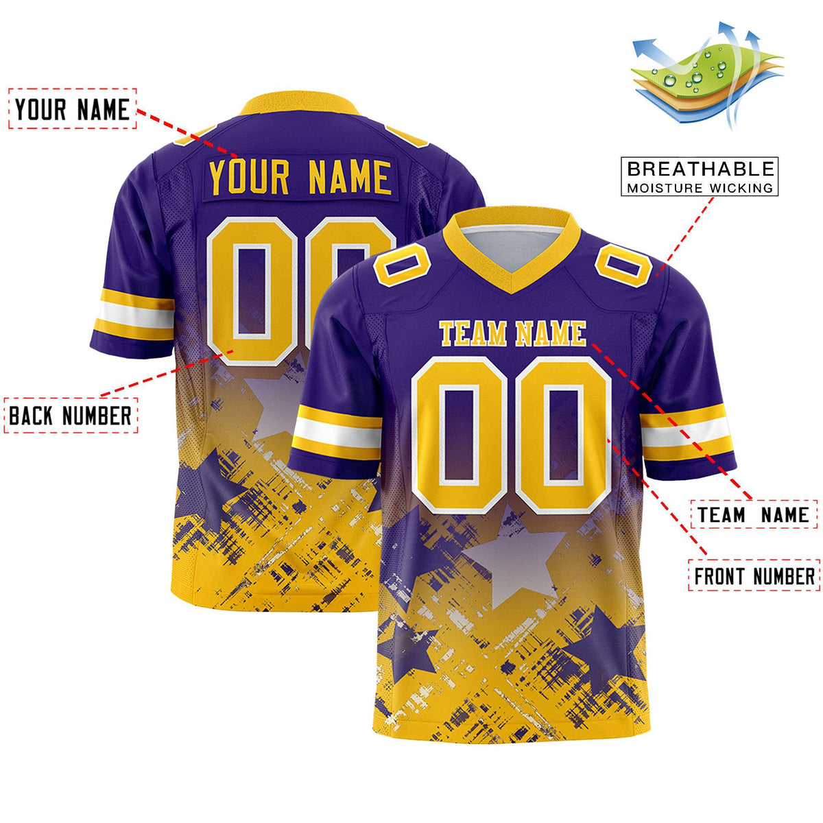 Custom Purple Yellow Personalized Star Gradient Authentic American Football Jersey