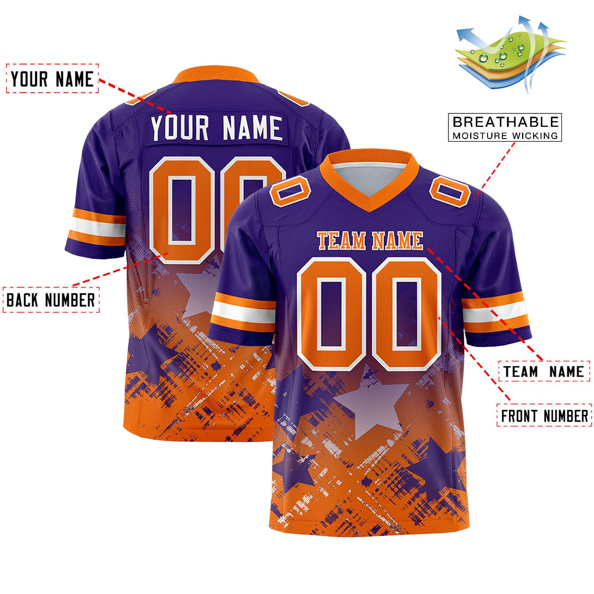 Custom Purple Orange Personalized Star Gradient Authentic American Football Jersey