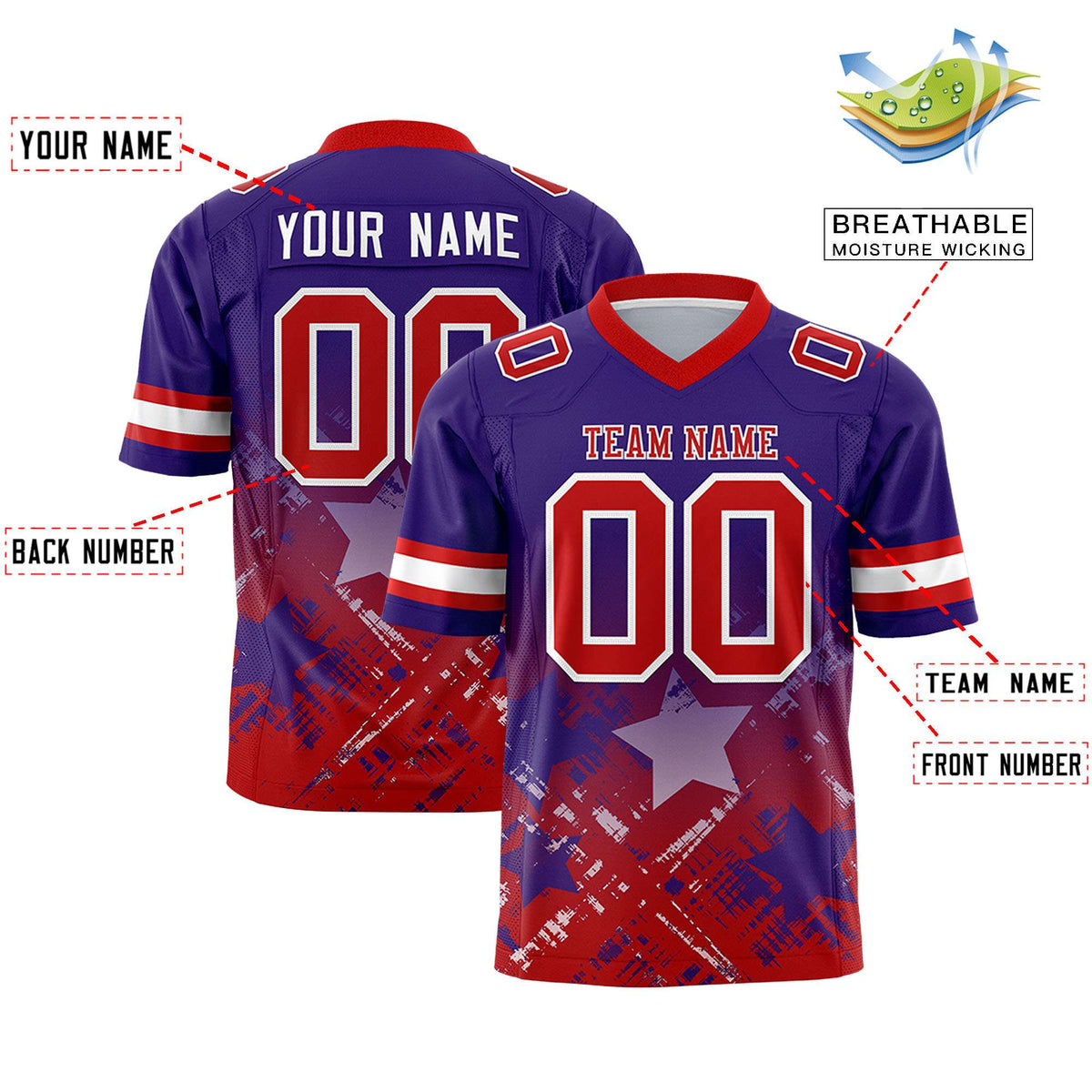 Custom Purple Red Personalized Star Gradient Authentic American Football Jersey