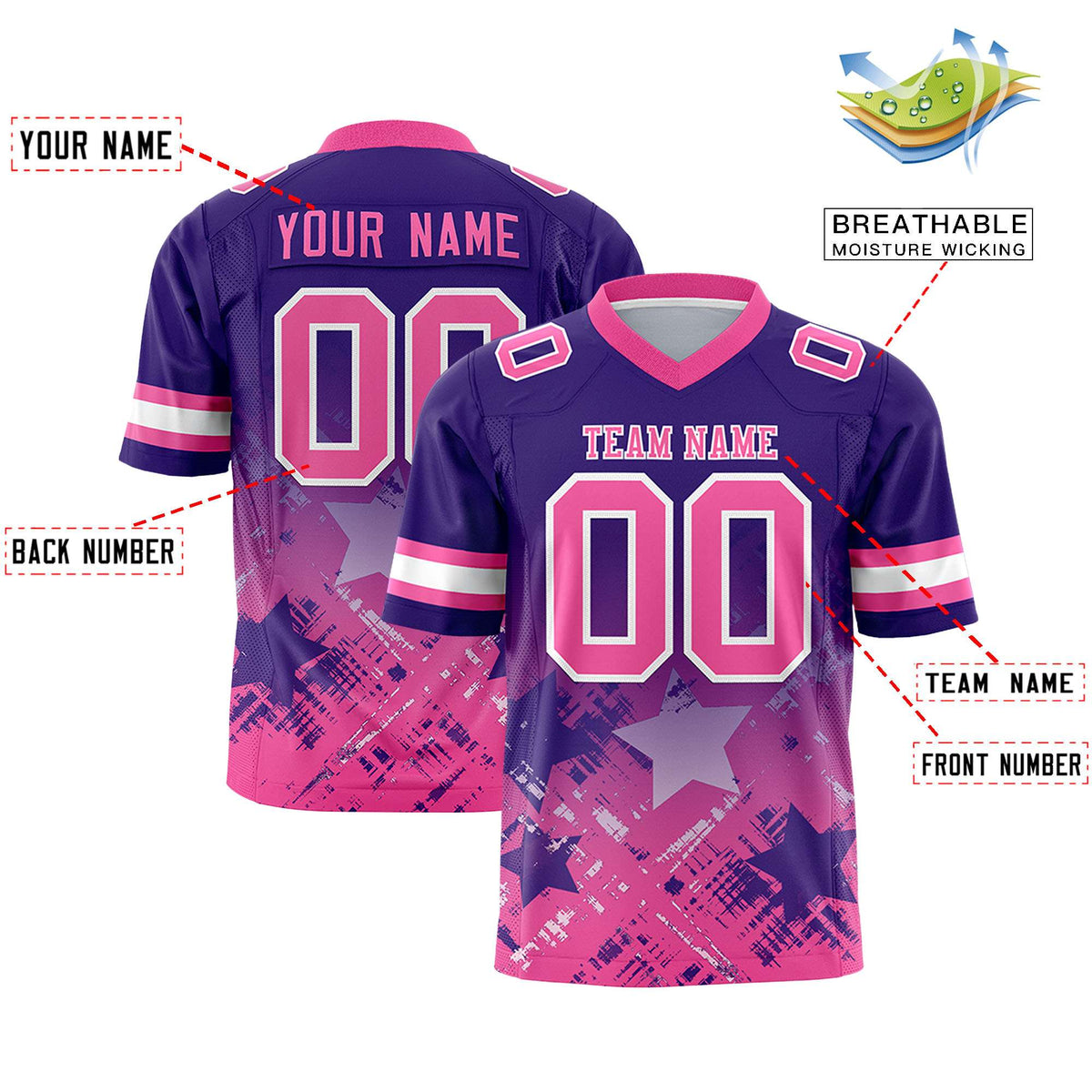 Custom Purple Pink Personalized Star Gradient Authentic American Football Jersey