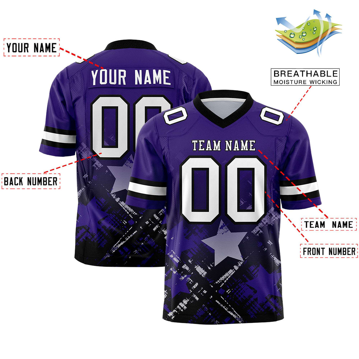 Custom Purple Black Personalized Star Gradient Authentic American Football Jersey